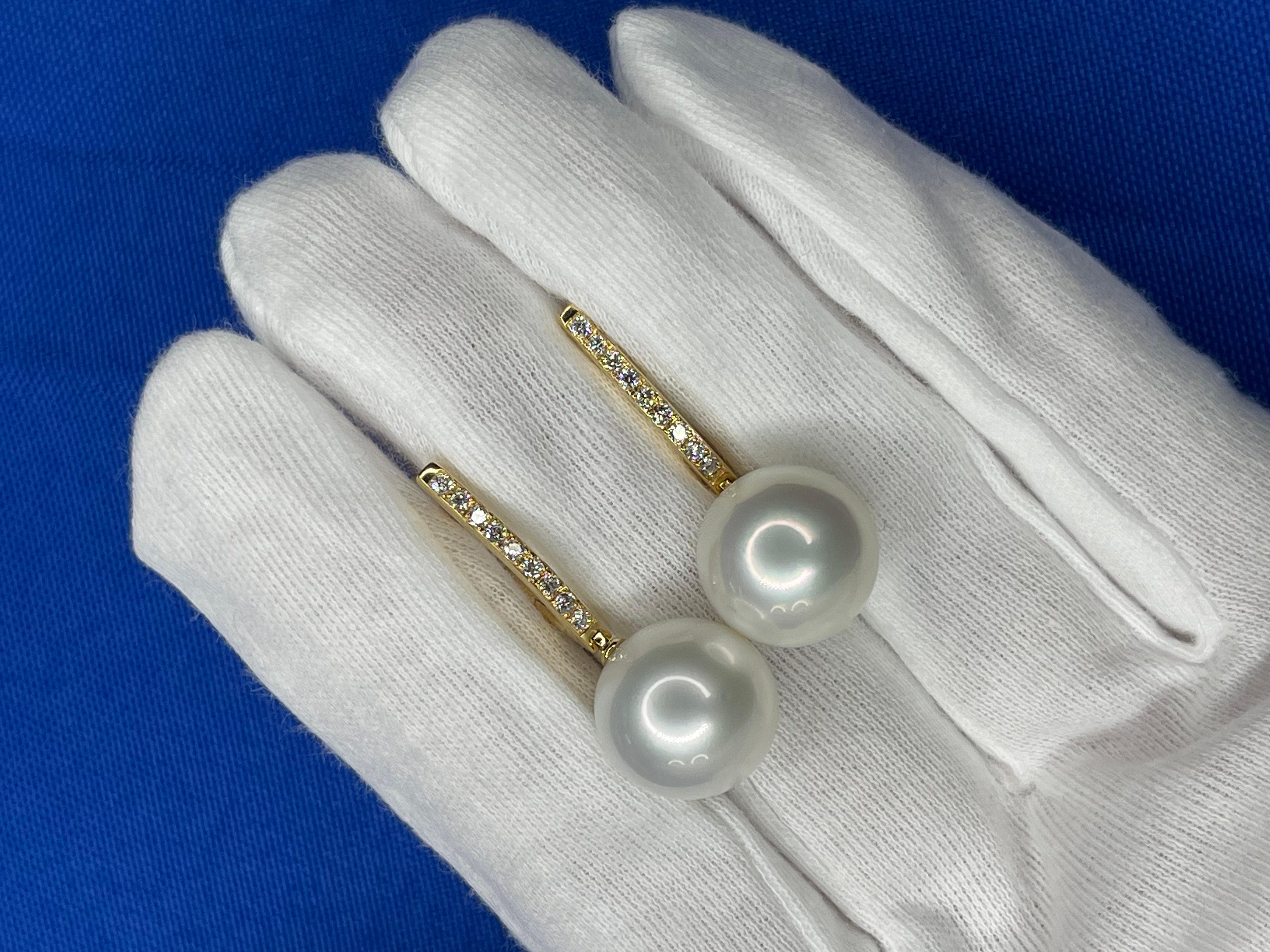 South Sea White Pearl Diamond 18 Karat Yellow Gold Hinge Line Drop Hoop Earrings For Sale 1