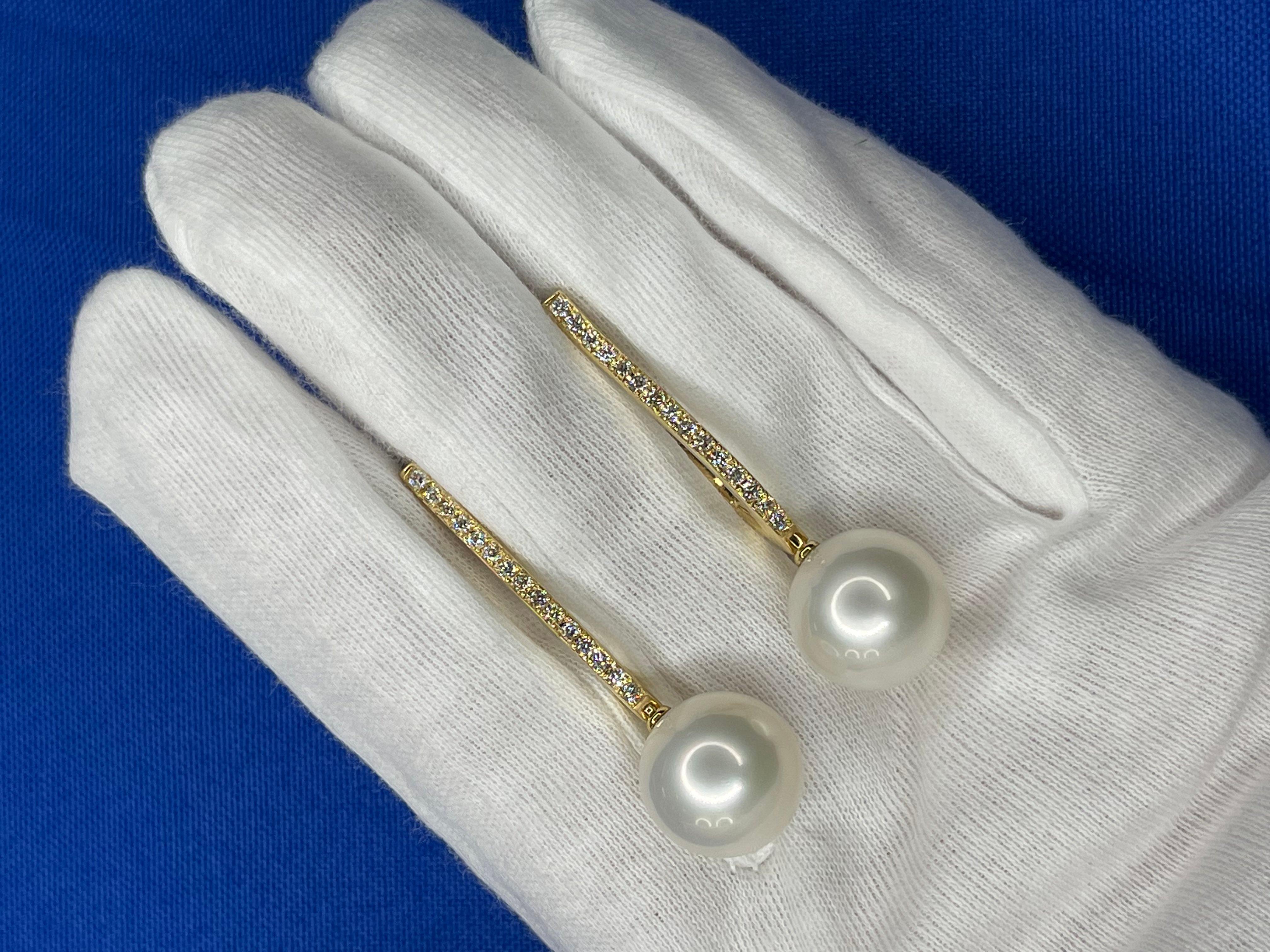 South Sea White Pearl Diamond 18 Karat Yellow Gold Hinge Line Drop Hoop Earrings For Sale 1