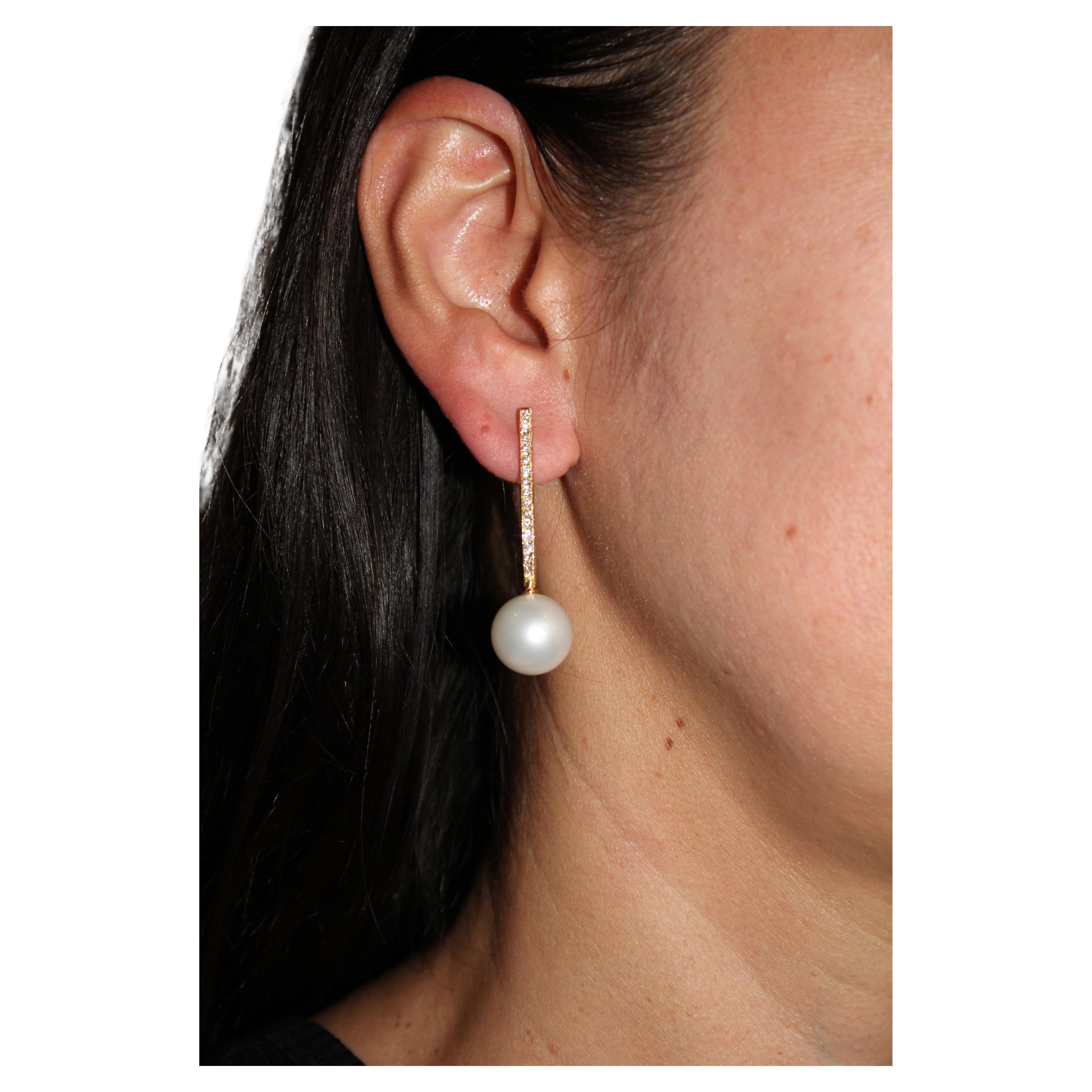 South Sea White Pearl Diamond 18 Karat Yellow Gold Hinge Line Drop Hoop Earrings For Sale 3