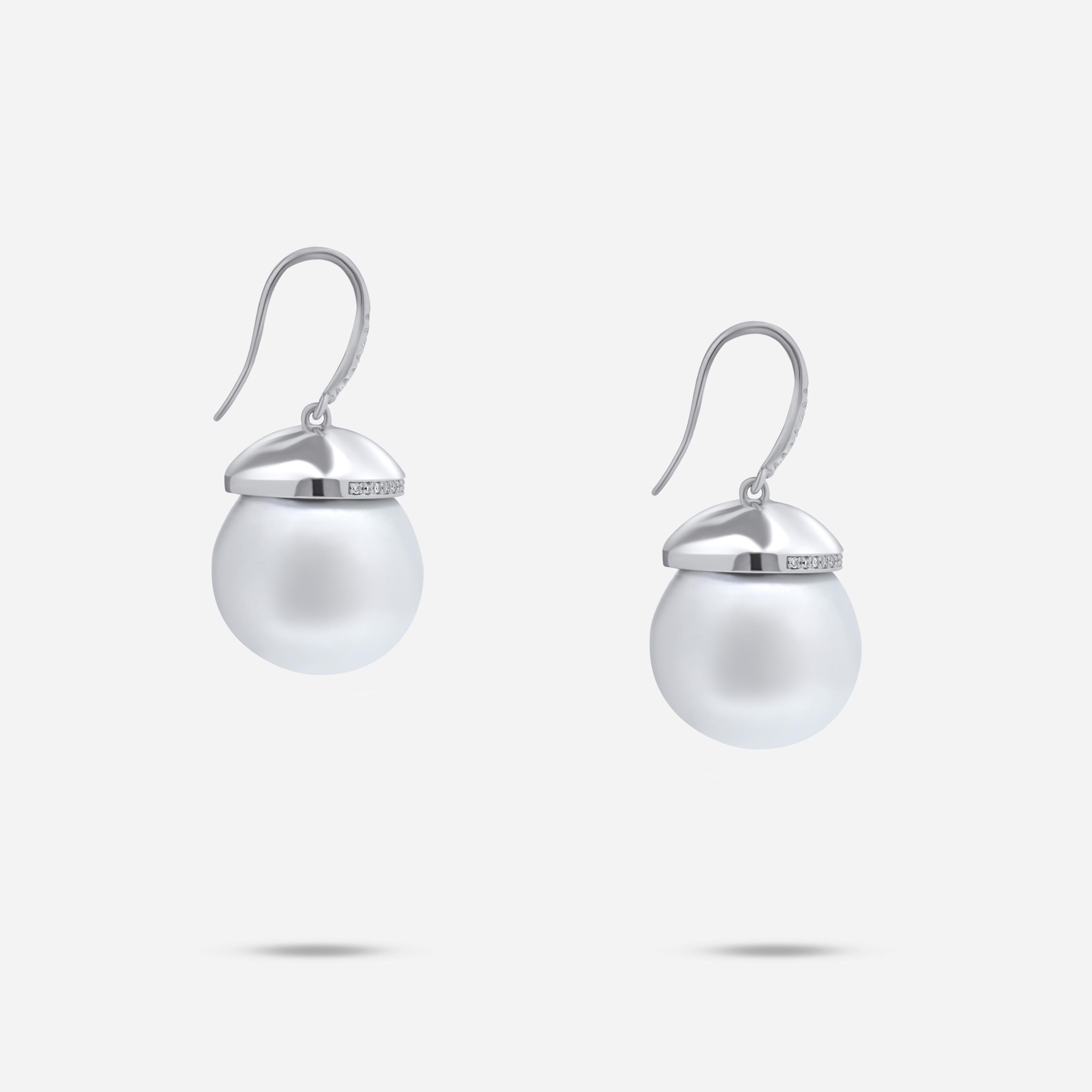 Modern South Sea White Pearl Diamond Halo Pave 14 Karat White Gold Hook Drop Earrings For Sale