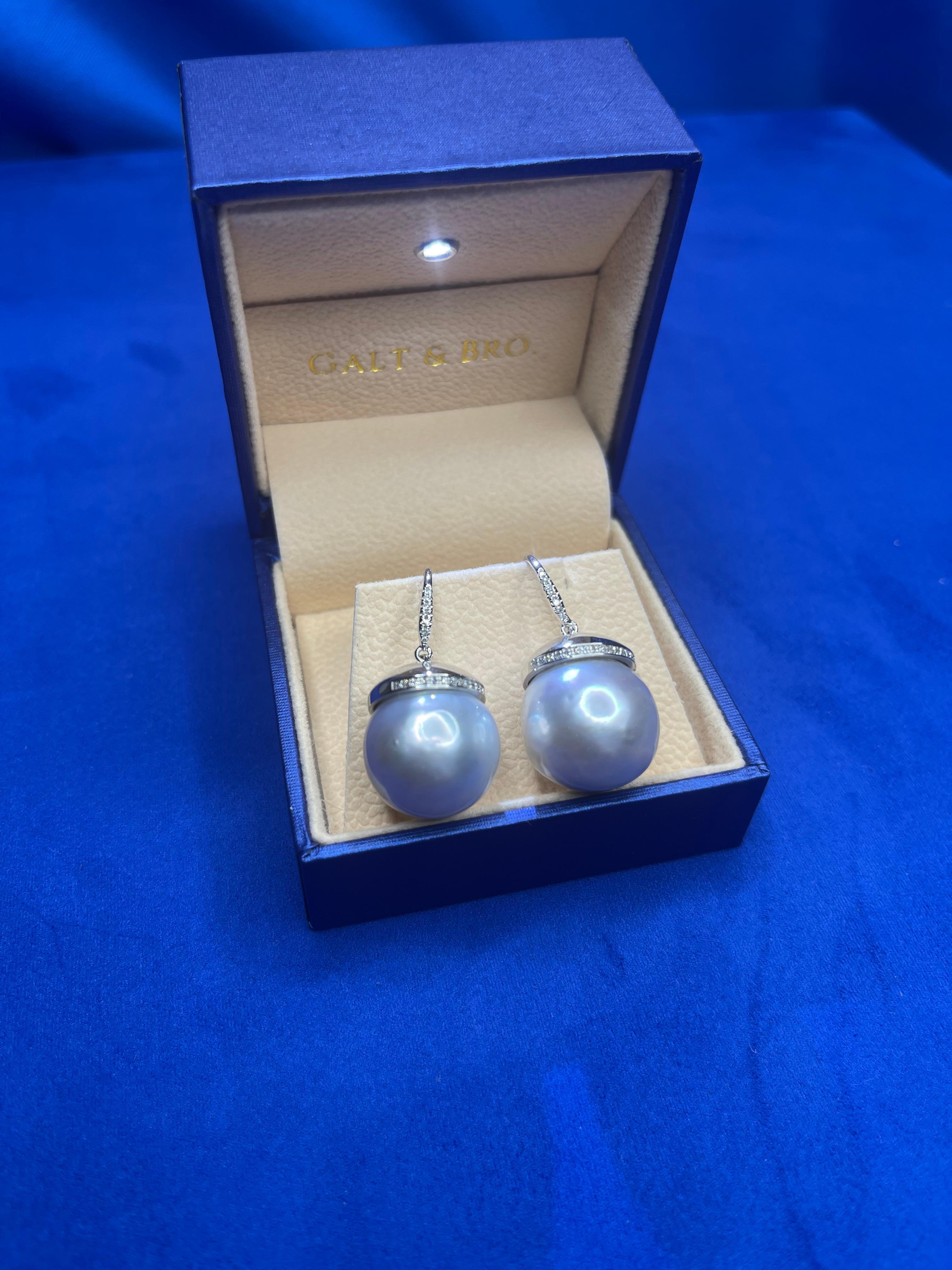 South Sea White Pearl Diamond Halo Pave 14 Karat White Gold Hook Drop Earrings In New Condition For Sale In Oakton, VA