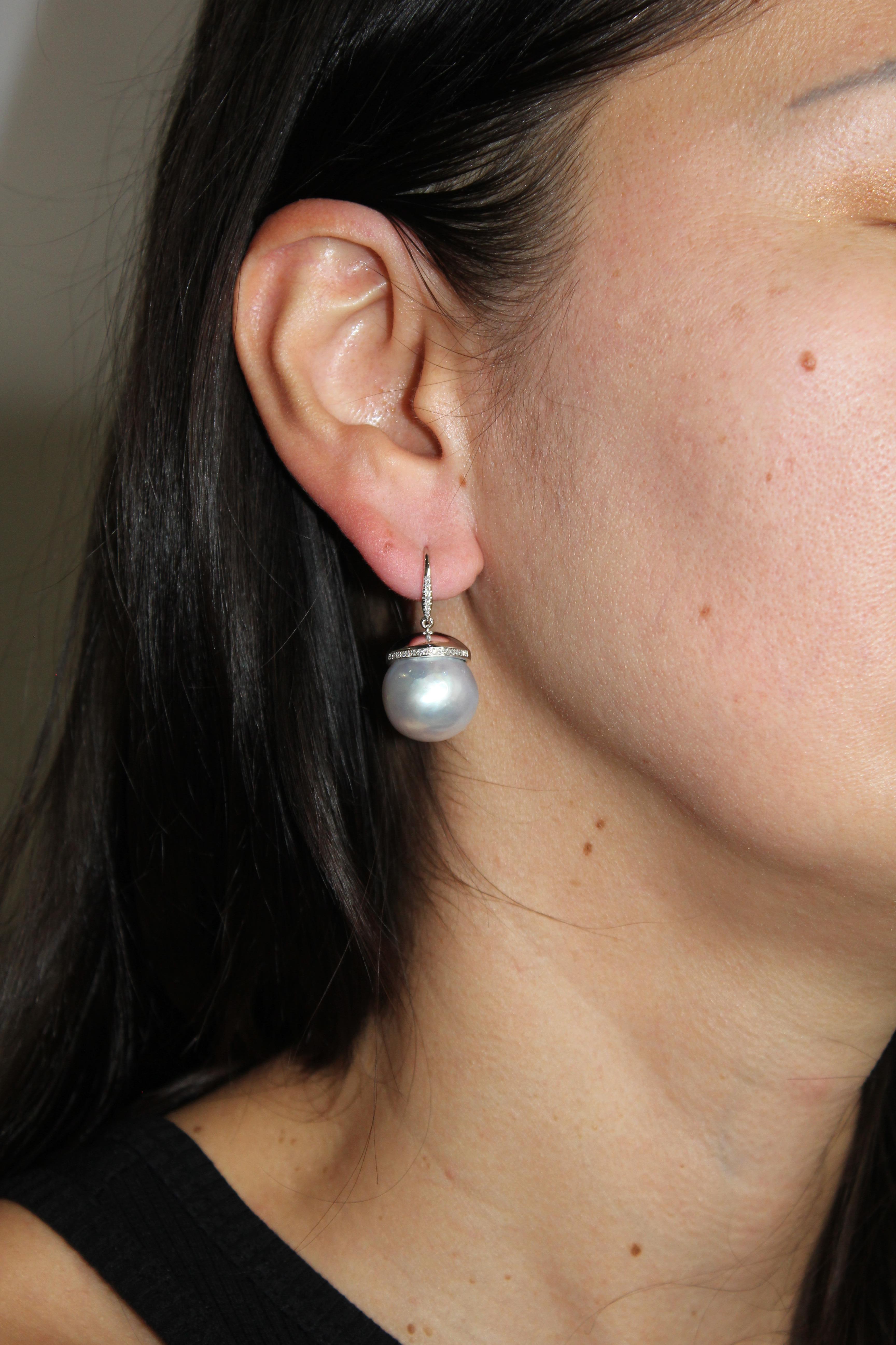 Women's or Men's South Sea White Pearl Diamond Halo Pave 14 Karat White Gold Hook Drop Earrings For Sale