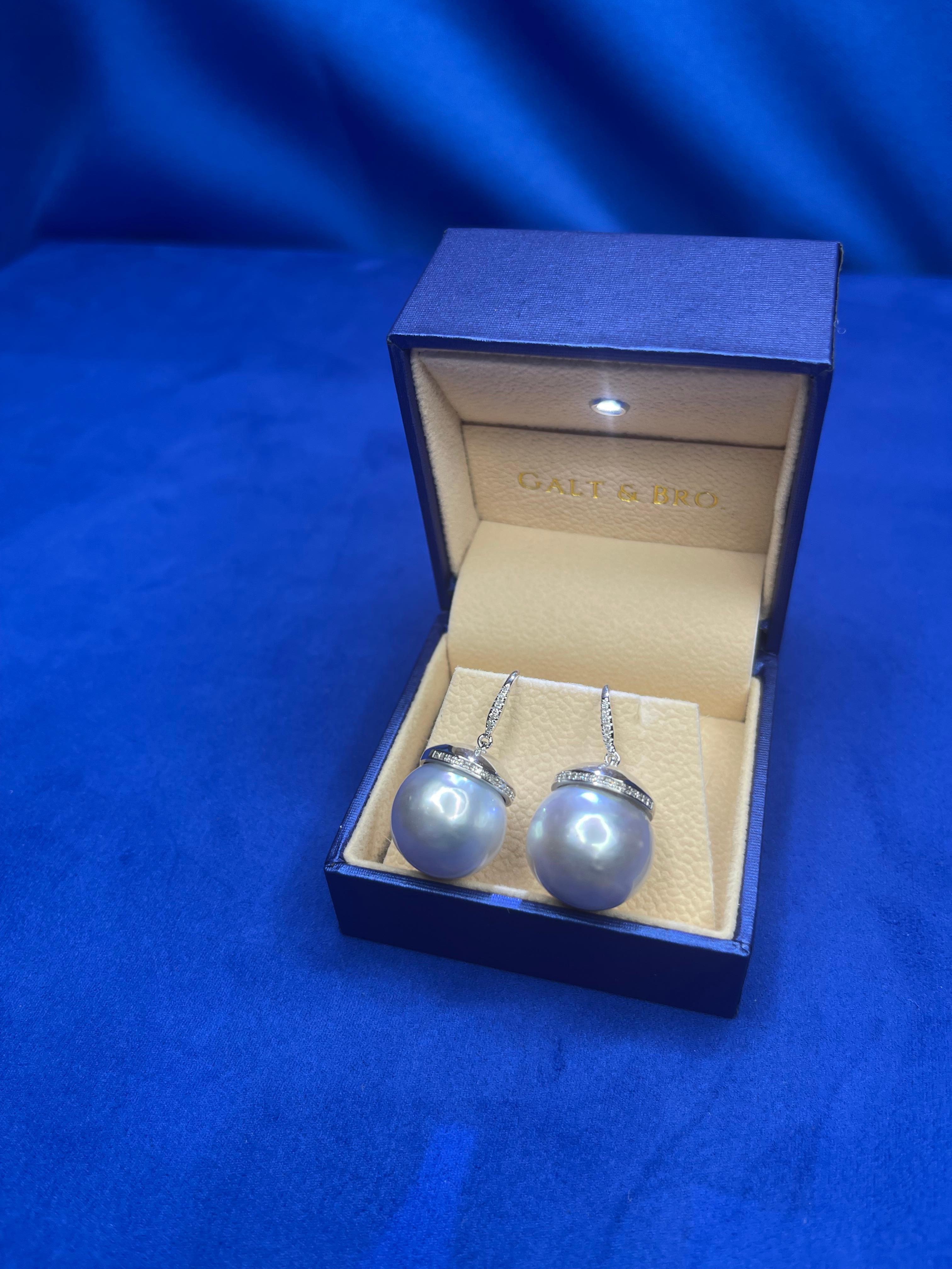 South Sea White Pearl Diamond Halo Pave 14 Karat White Gold Hook Drop Earrings For Sale 3