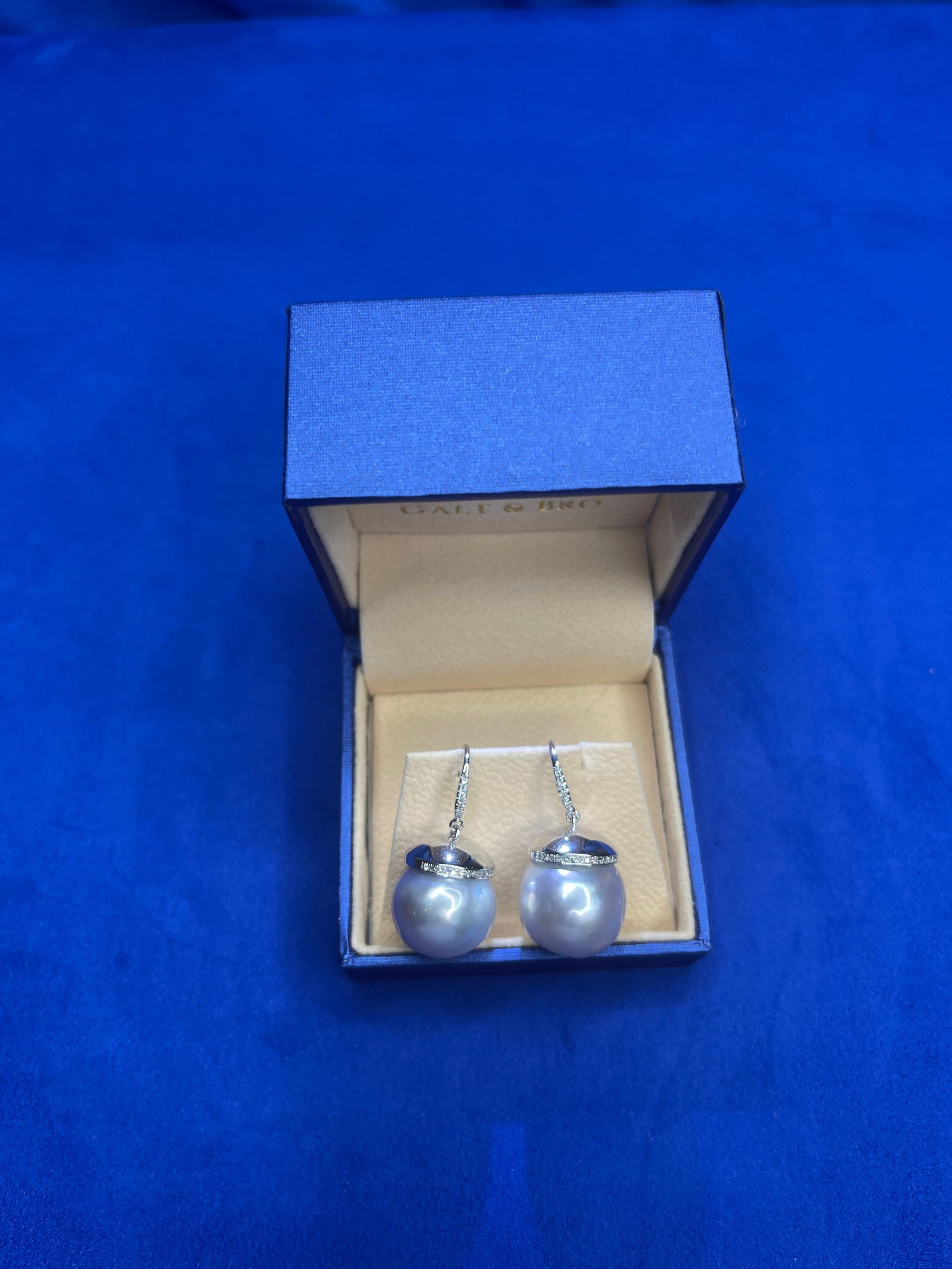South Sea White Pearl Diamond Halo Pave 14 Karat White Gold Hook Drop Earrings For Sale 4