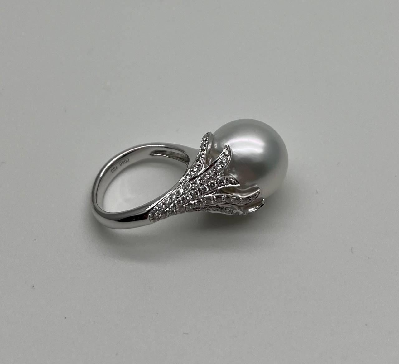 South Sea White Pearl Diamonds Pave Set 18K White Gold Statement Classic Ring For Sale 5