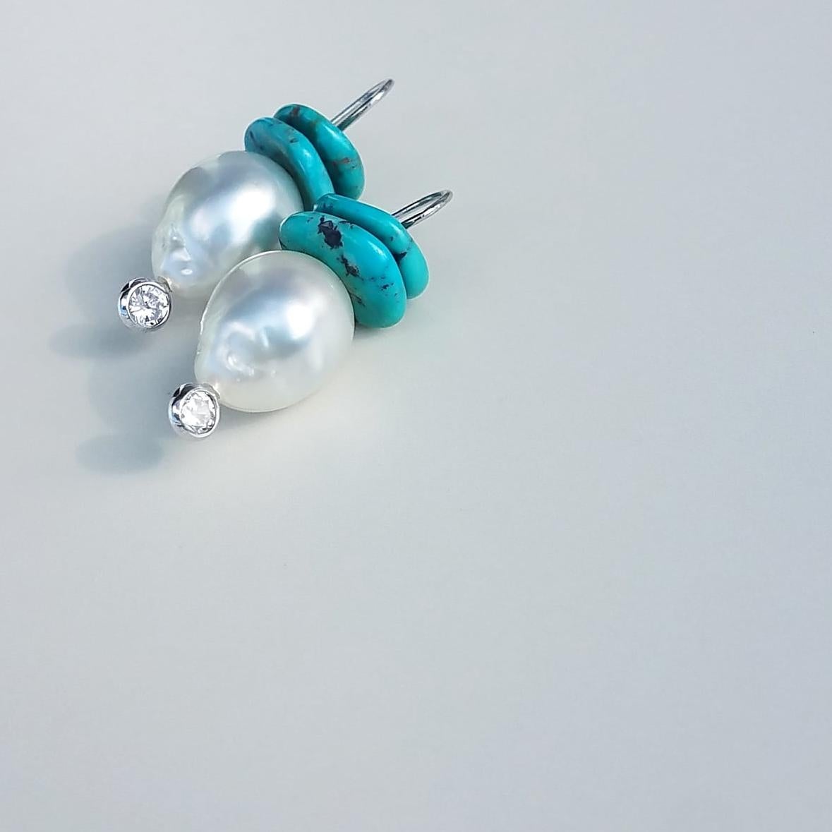 Artisan South Sea White Pearl and Turquoise Earrings For Sale