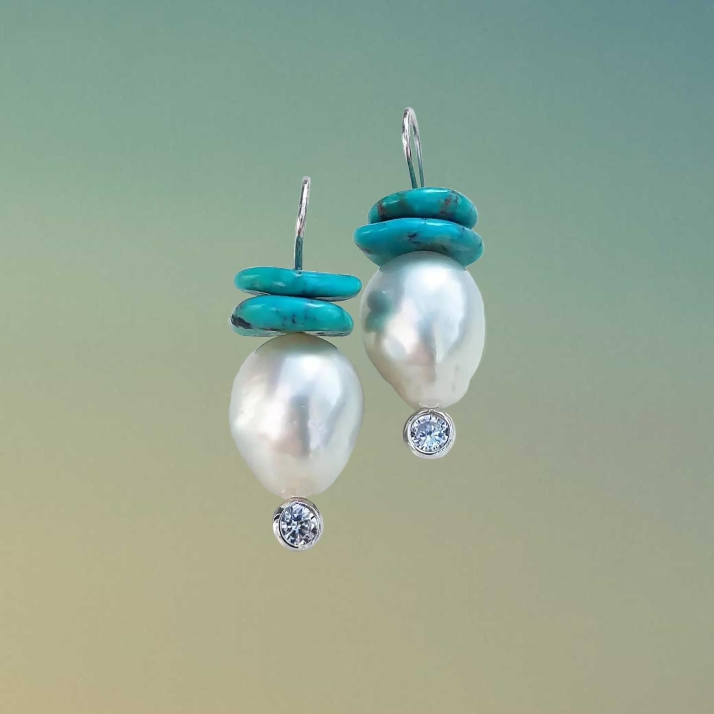 South Sea White Pearl and Turquoise Earrings In New Condition For Sale In Kailua Kona, HI