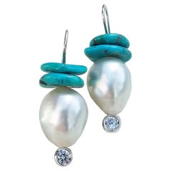South Sea White Pearl and Turquoise Earrings