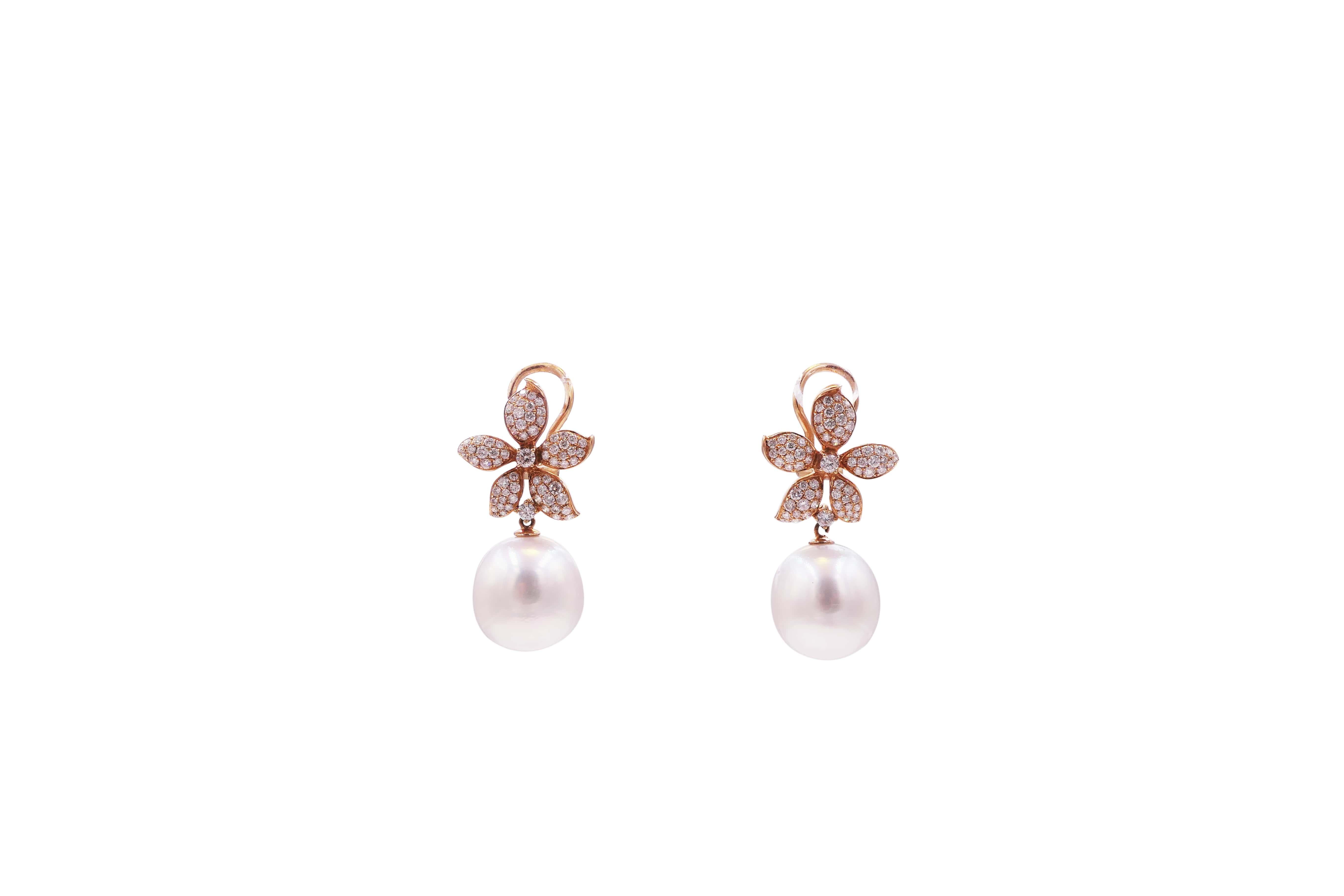 Modern South Sea White Pearl Halo Pave Diamond Flower 14K Rose Gold Drop Hinge Earrings For Sale
