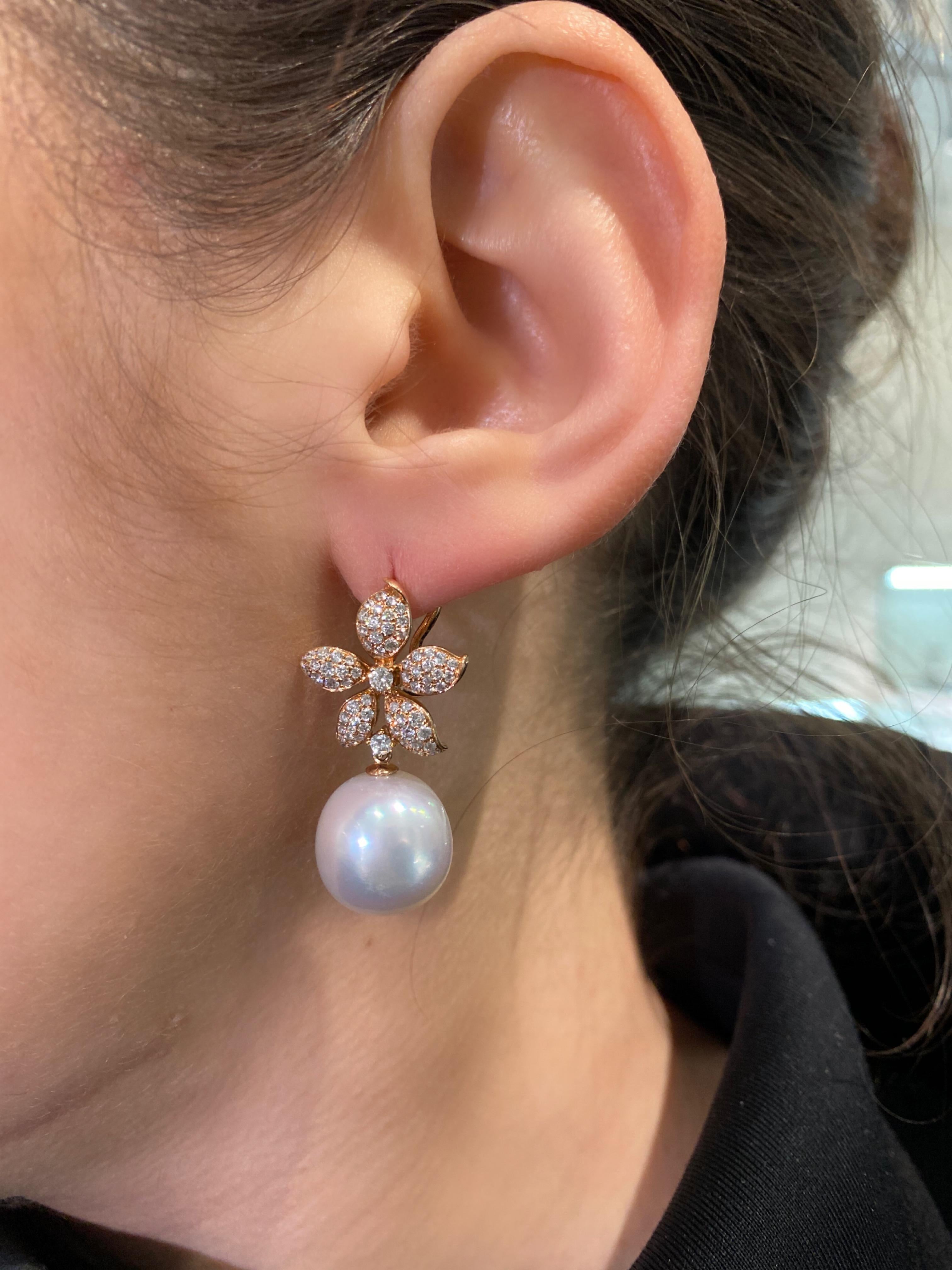 South Sea White Pearl Halo Pave Diamond Flower 14K Rose Gold Drop Hinge Earrings In New Condition For Sale In Oakton, VA