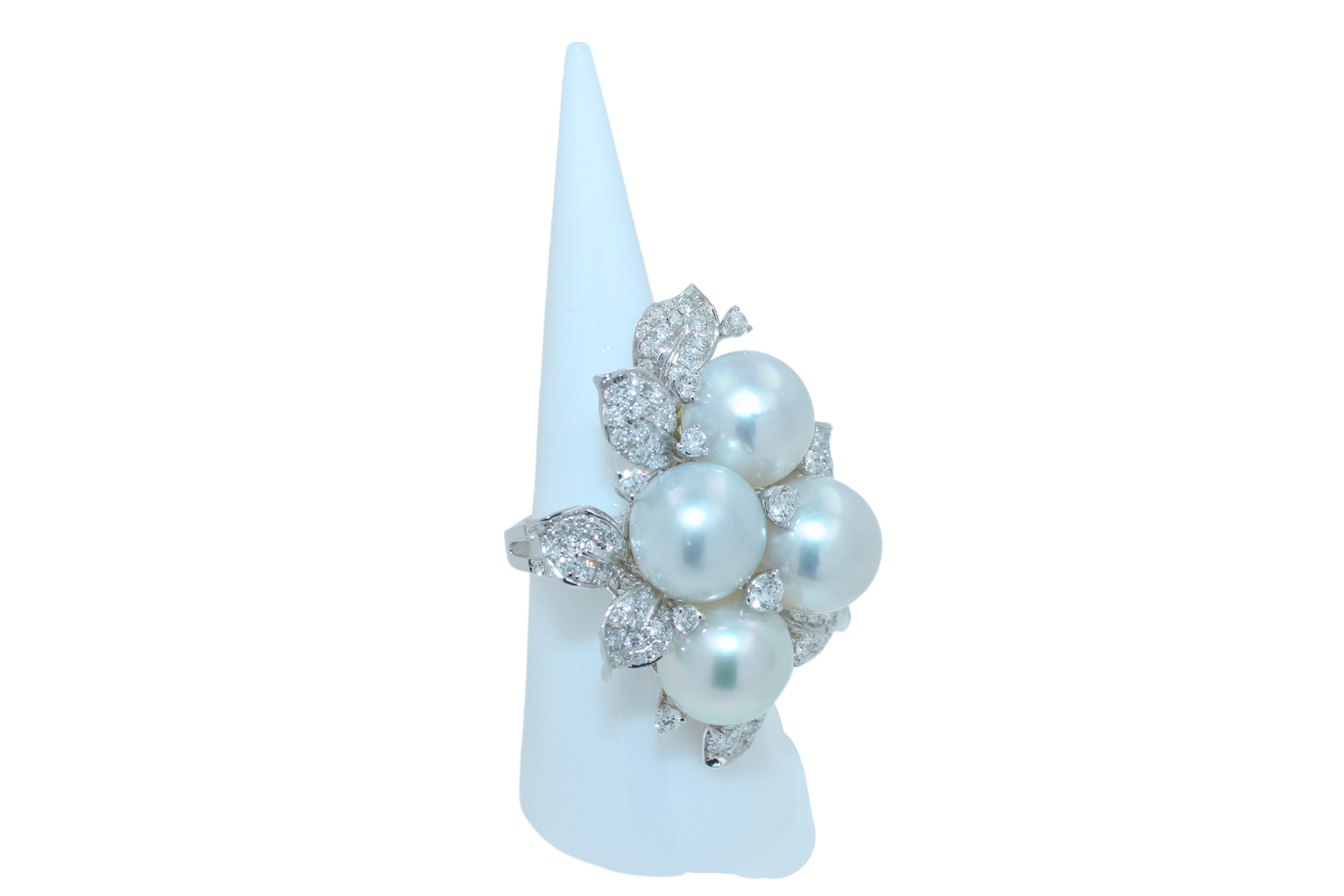 South Sea White Pearl Pave Diamond Lux Cocktail Flower Ring 18 Karat White Gold For Sale 9