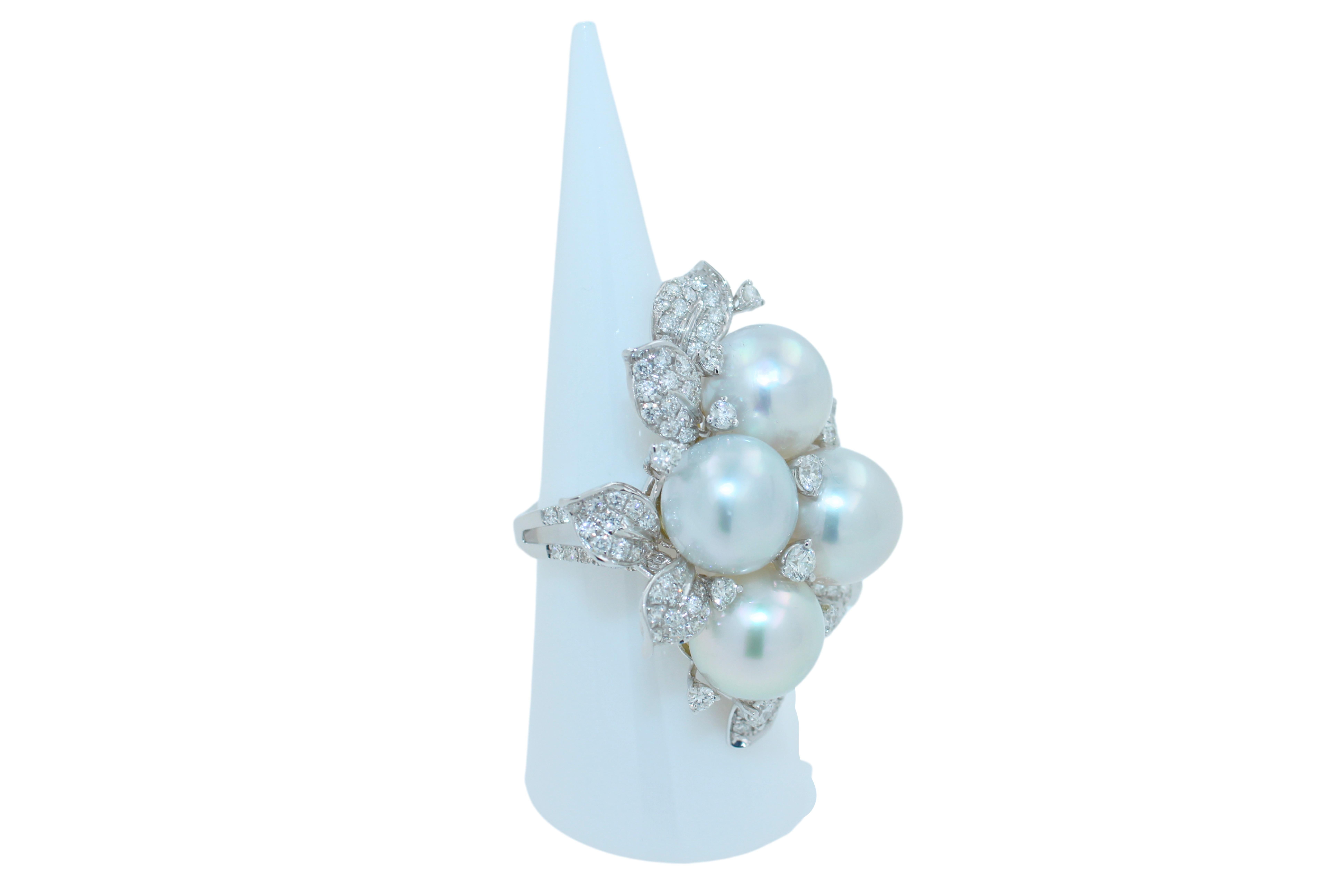 South Sea White Pearl Pave Diamond Lux Cocktail Flower Ring 18 Karat White Gold For Sale 10