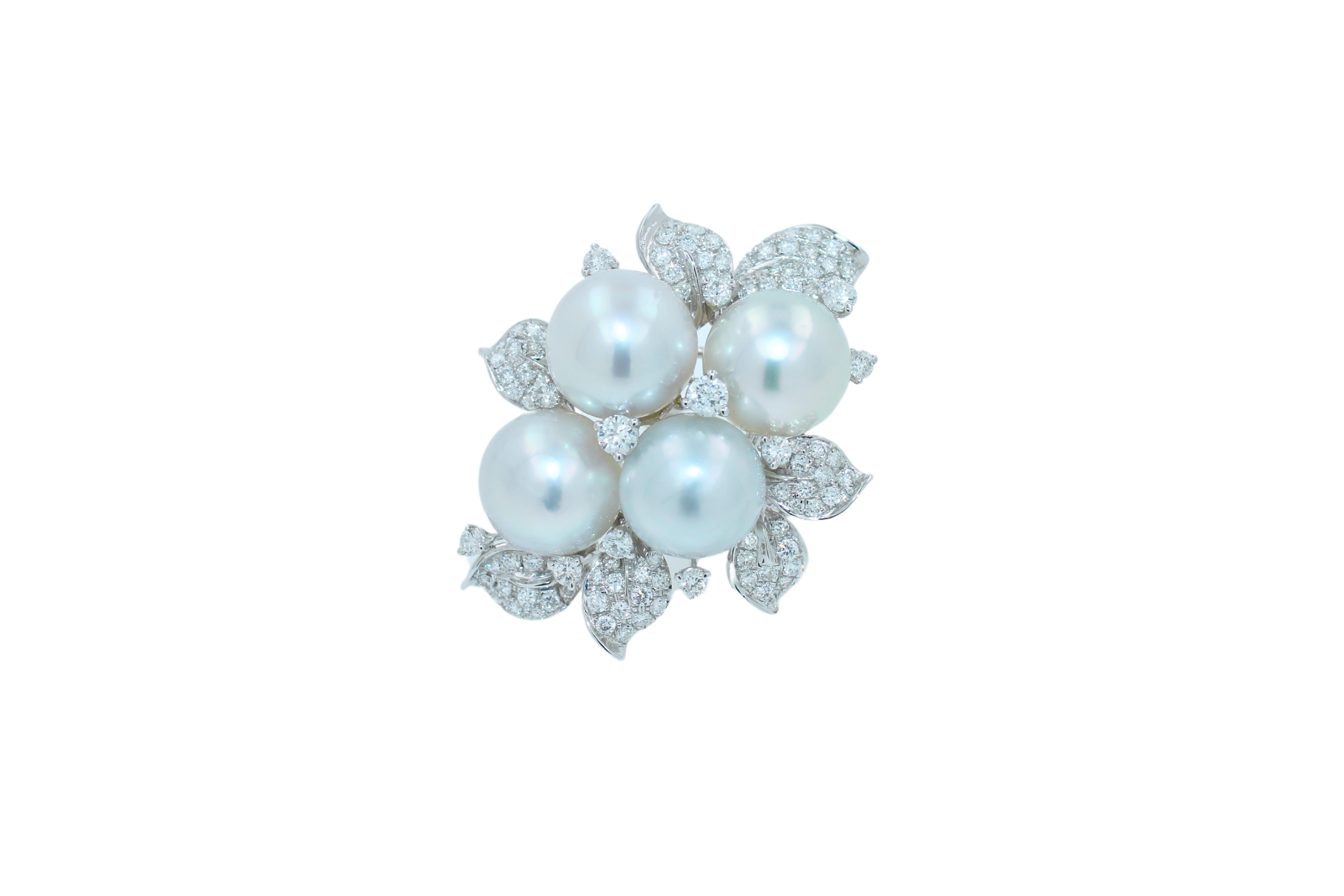 Baroque South Sea White Pearl Pave Diamond Lux Cocktail Flower Ring 18 Karat White Gold For Sale