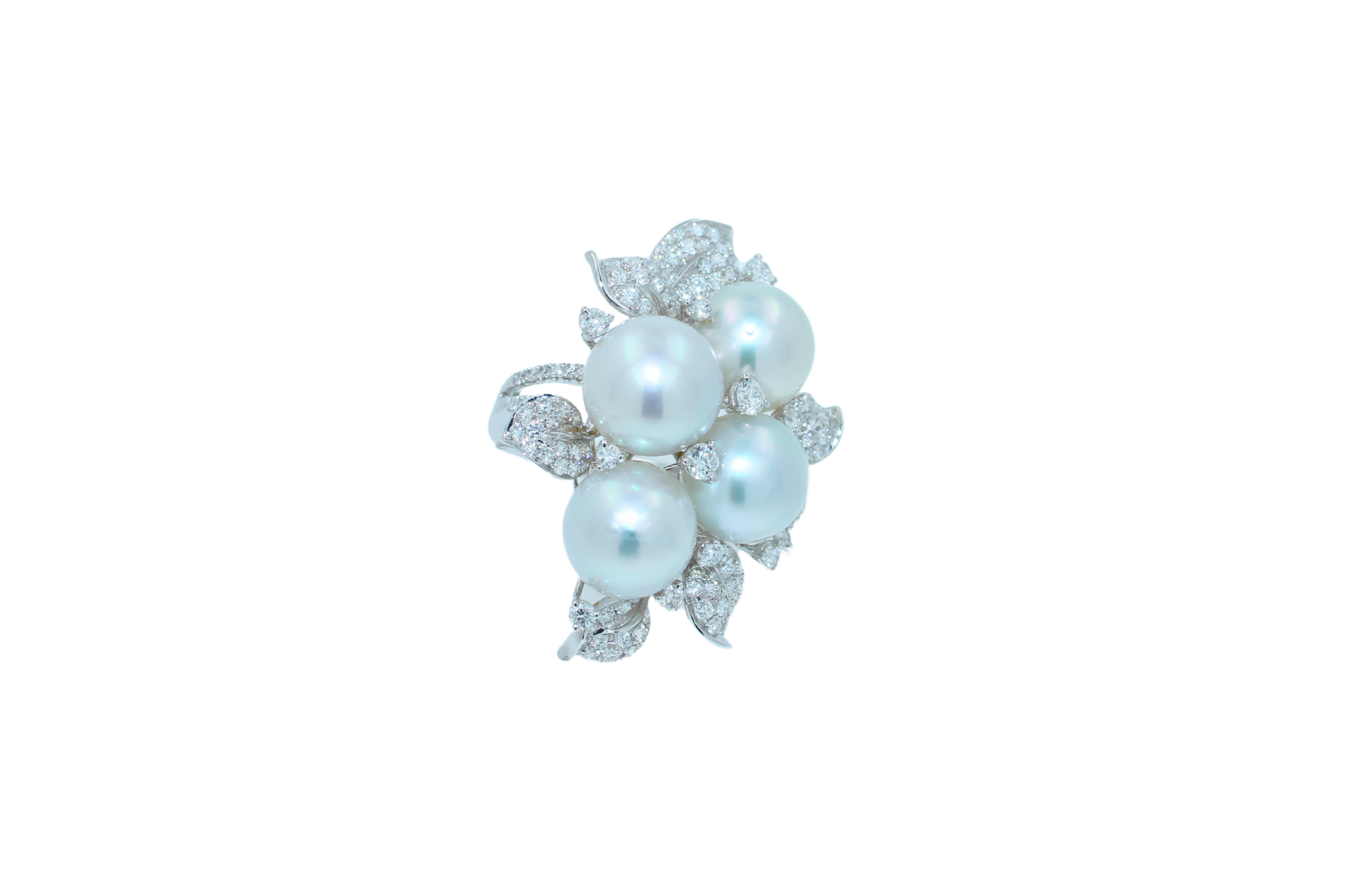 South Sea White Pearl Pave Diamond Lux Cocktail Flower Ring 18 Karat White Gold In New Condition For Sale In Oakton, VA