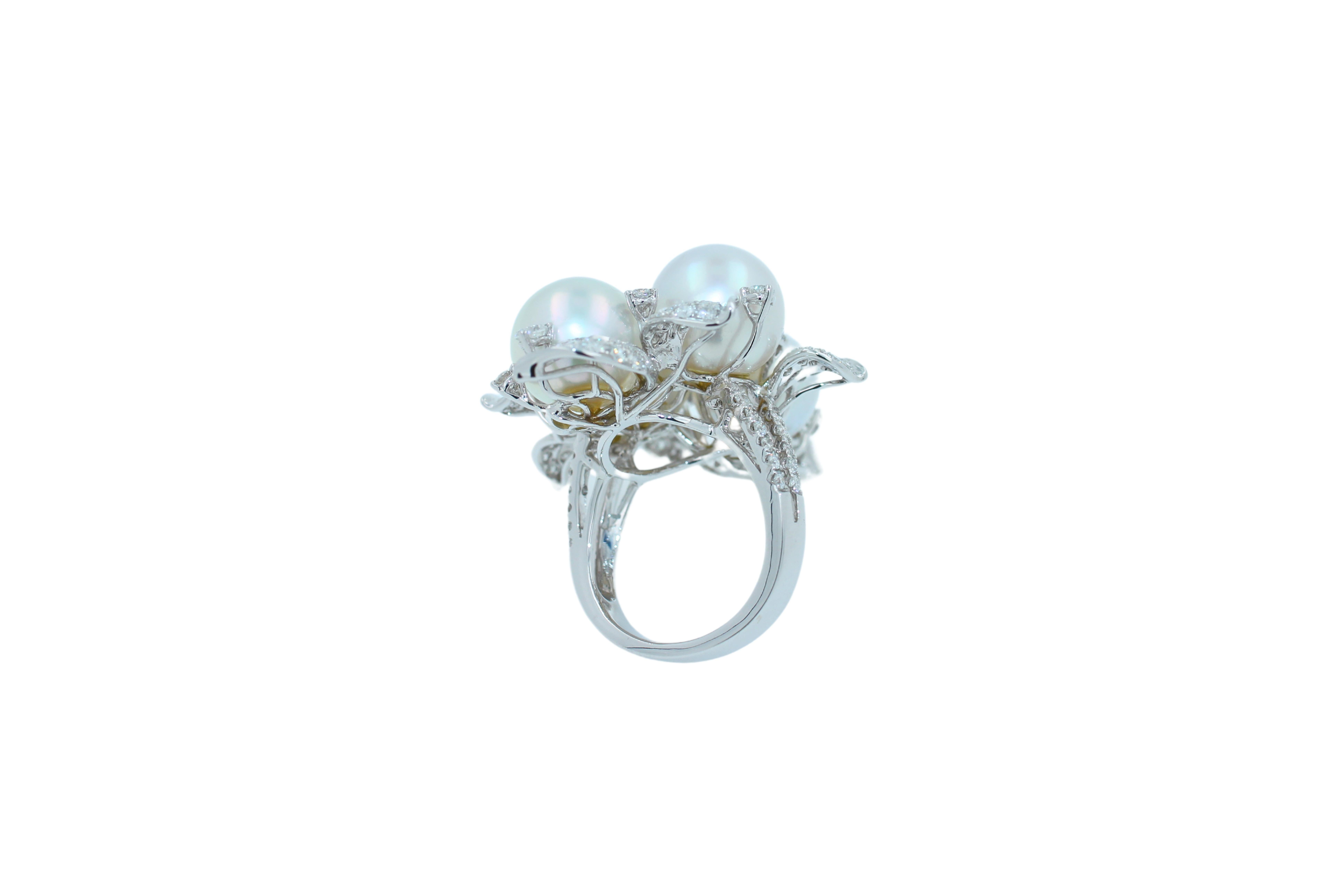 South Sea White Pearl Pave Diamond Lux Cocktail Flower Ring 18 Karat White Gold For Sale 2
