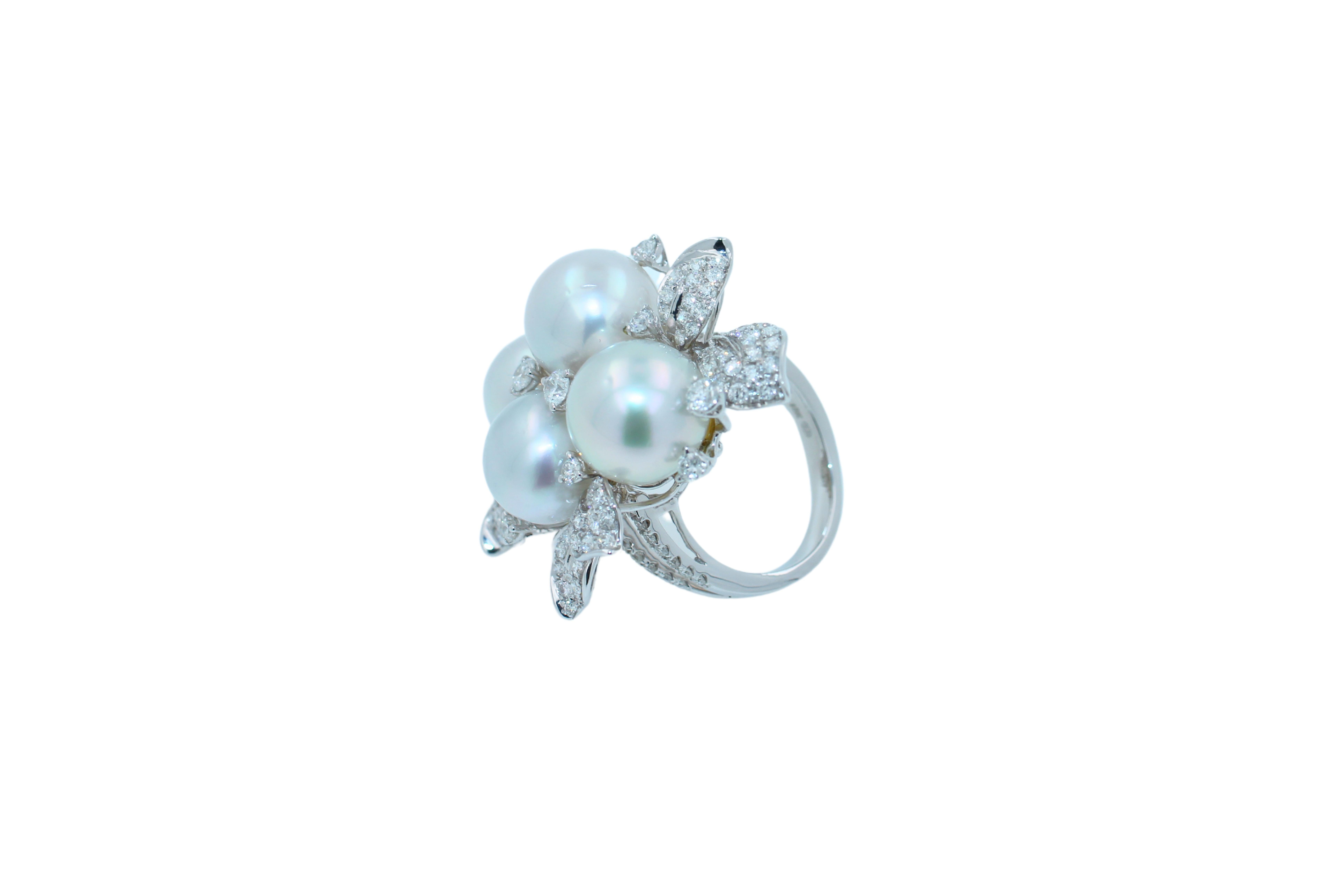 South Sea White Pearl Pave Diamond Lux Cocktail Flower Ring 18 Karat White Gold For Sale 3