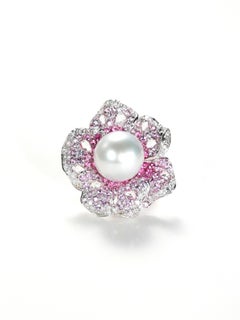 South Sea White Pearl & Pink Sapphire Diamond Floral Ring （convertible）