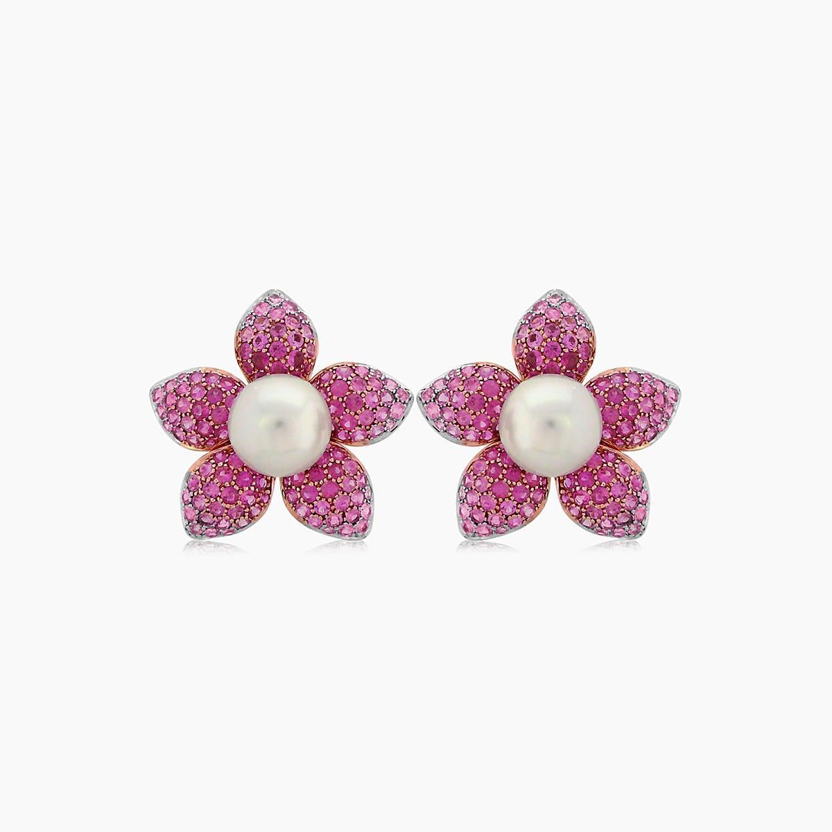 Ohrringe aus weißer Südseeperle und rosa Saphir im Pave-Set aus 18 Karat Roségold (Gemischter Schliff) im Angebot