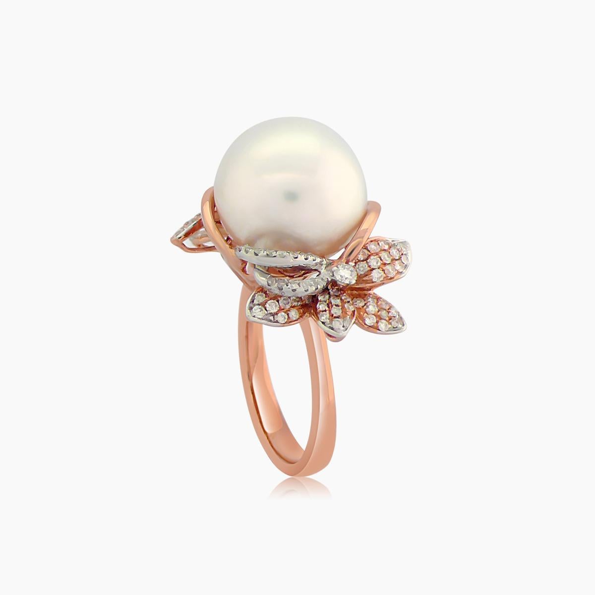 Mixed Cut South Sea White Pearl & White Diamond Flower Floral 18K Rose Gold Ring For Sale