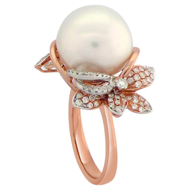 South Sea White Pearl & White Diamond Flower Floral 18K Rose Gold Ring For Sale