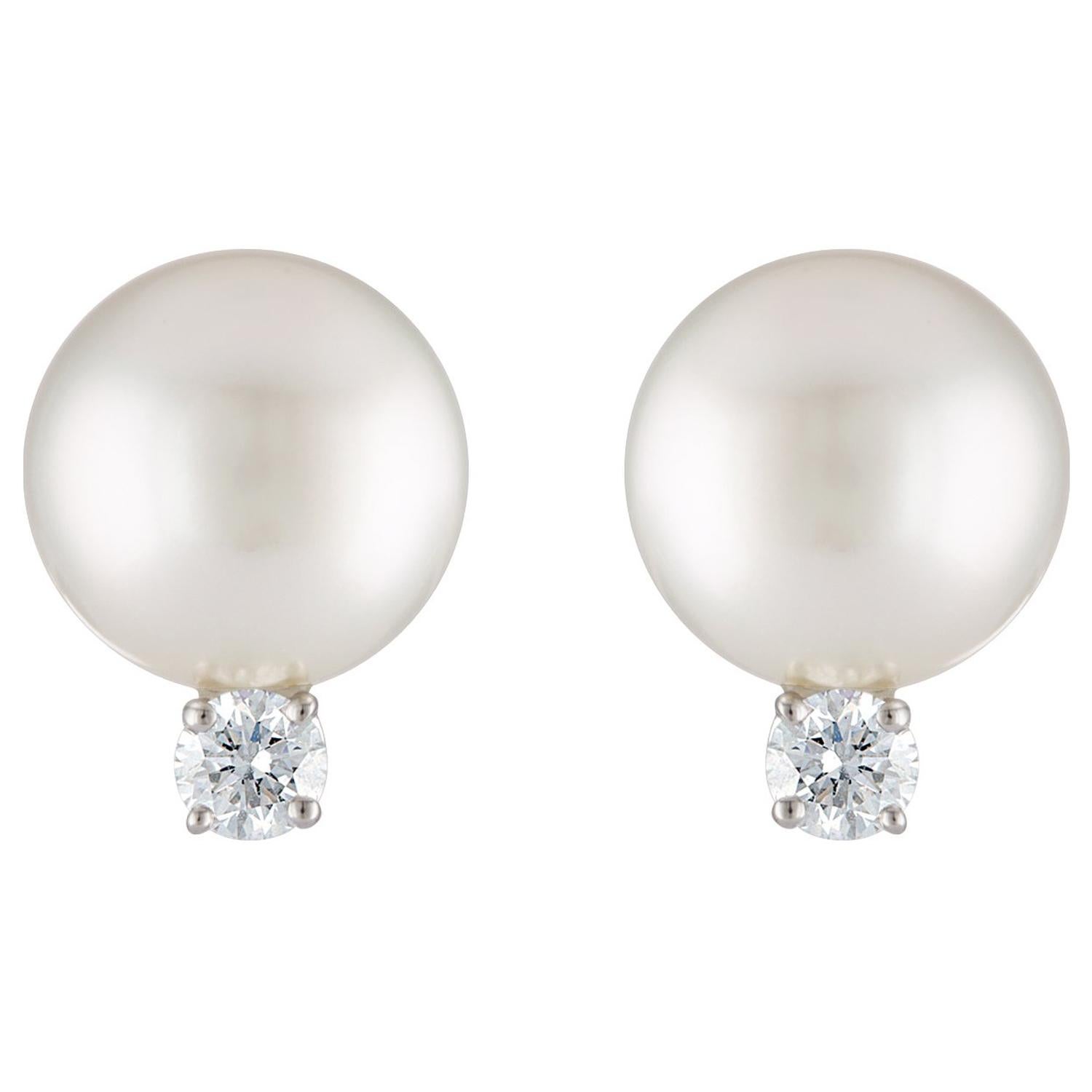 South Sea White Round Pearl and Diamond 18 Karat White Gold Stud Earrings For Sale