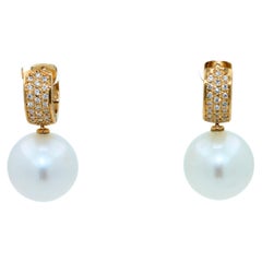South Sea White Round Pearl Diamond 18K Yellow Gold Hinge Pave Huggie Earrings