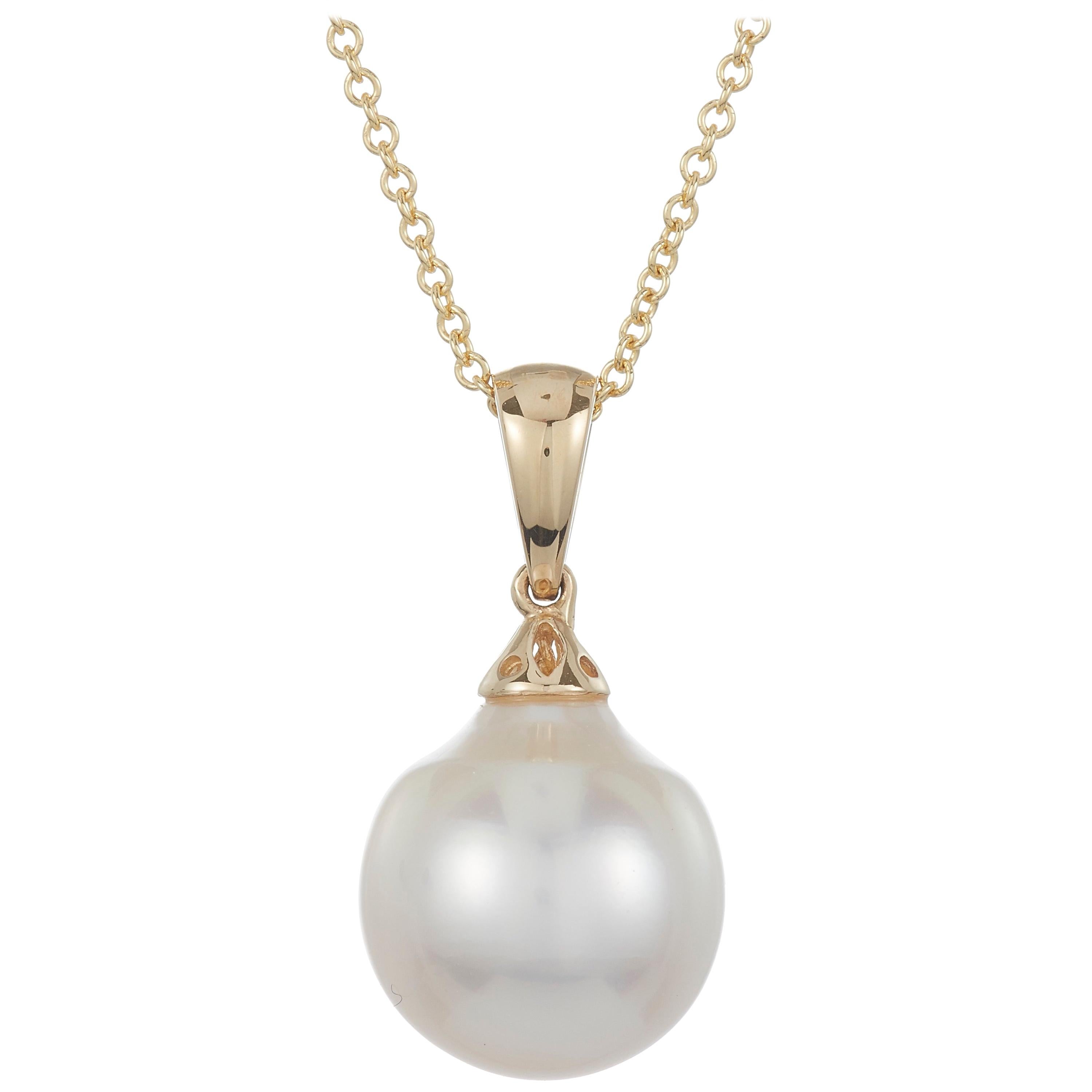 South Sea White Round Pearl Diamond Pendant Necklace 14k Yellow Gold