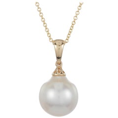 South Sea White Round Pearl Diamond Pendant Necklace 14k Yellow Gold