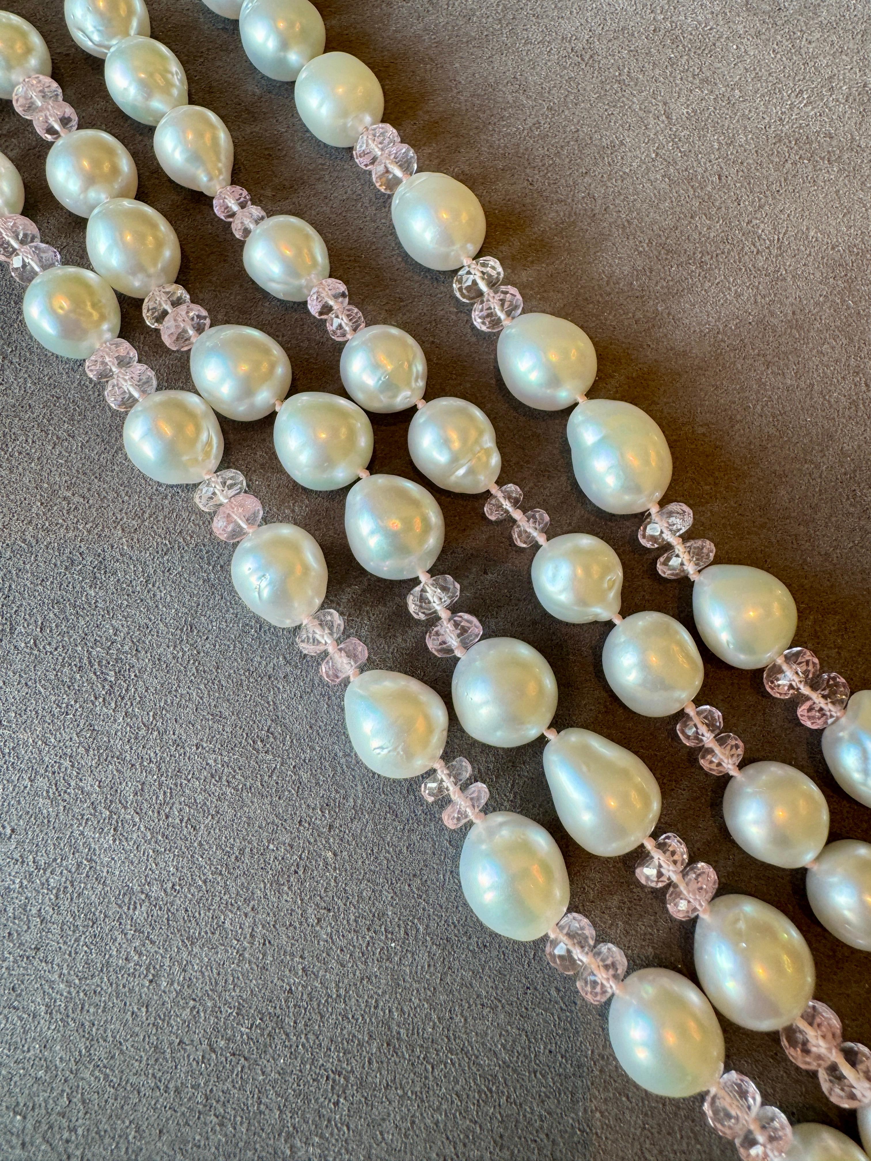 Briolette Cut South Seas Baroque Cultured Pearl and Morganite Necklace By Assael For Sale