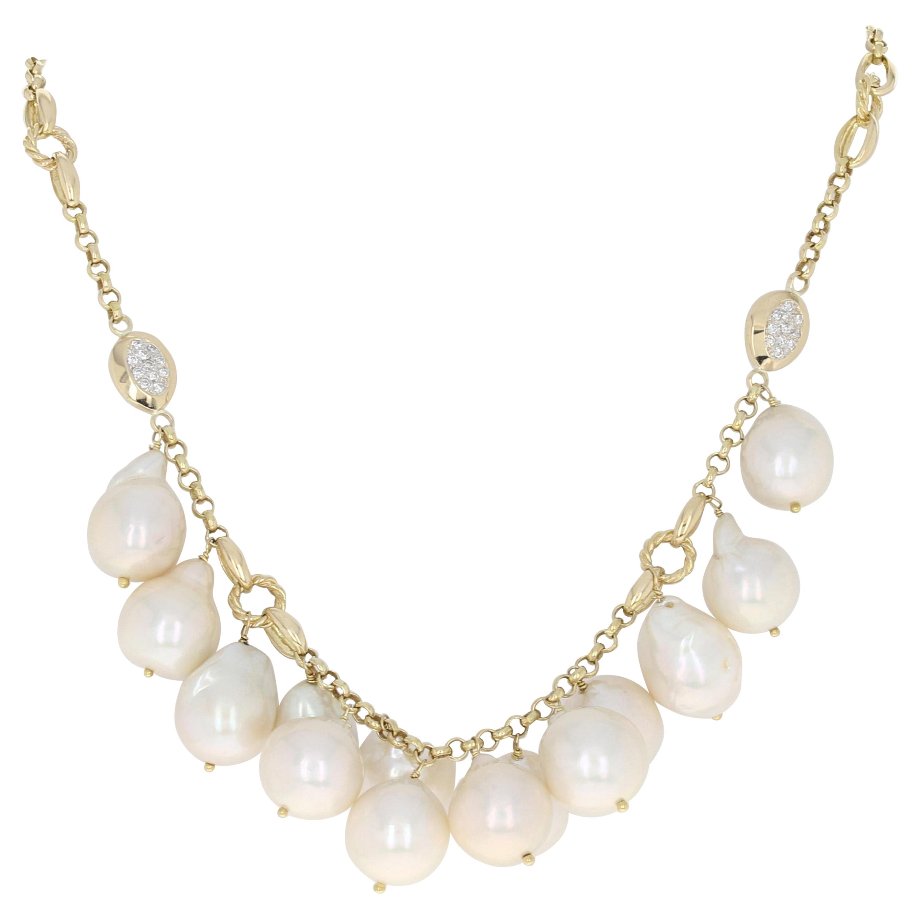 South Seas Baroque Pearl and Diamond Necklace, 14 Karat Gold Round Cut .66 Carat
