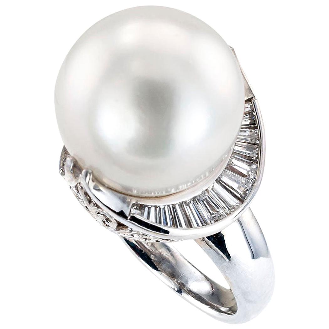 South Seas Cultured Pearl Diamond Platinum Cocktail Ring