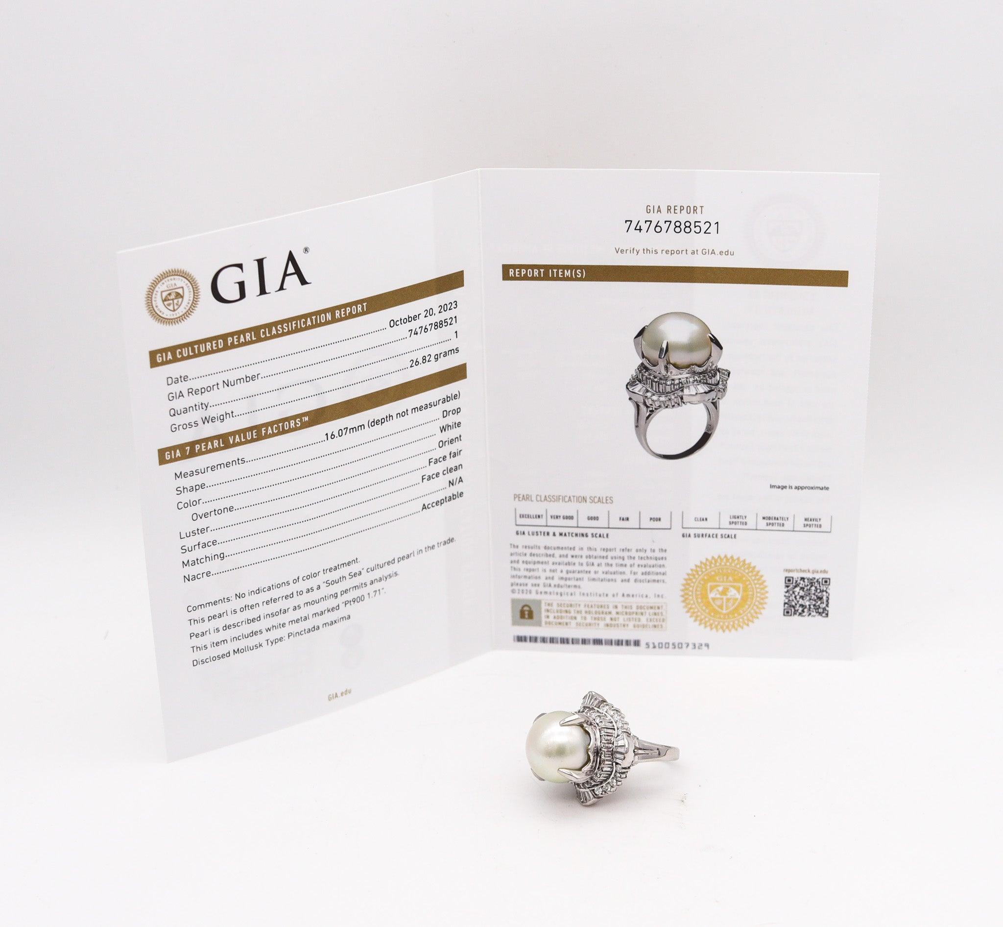 Cocktail ring with South-Seas pearl and diamonds.

Beautiful cocktail ring mounted with an oversized white pearl from the South Seas. The fabulous ring and has been crafted with substantial classic design in solid platinum .900/.999 platinum with