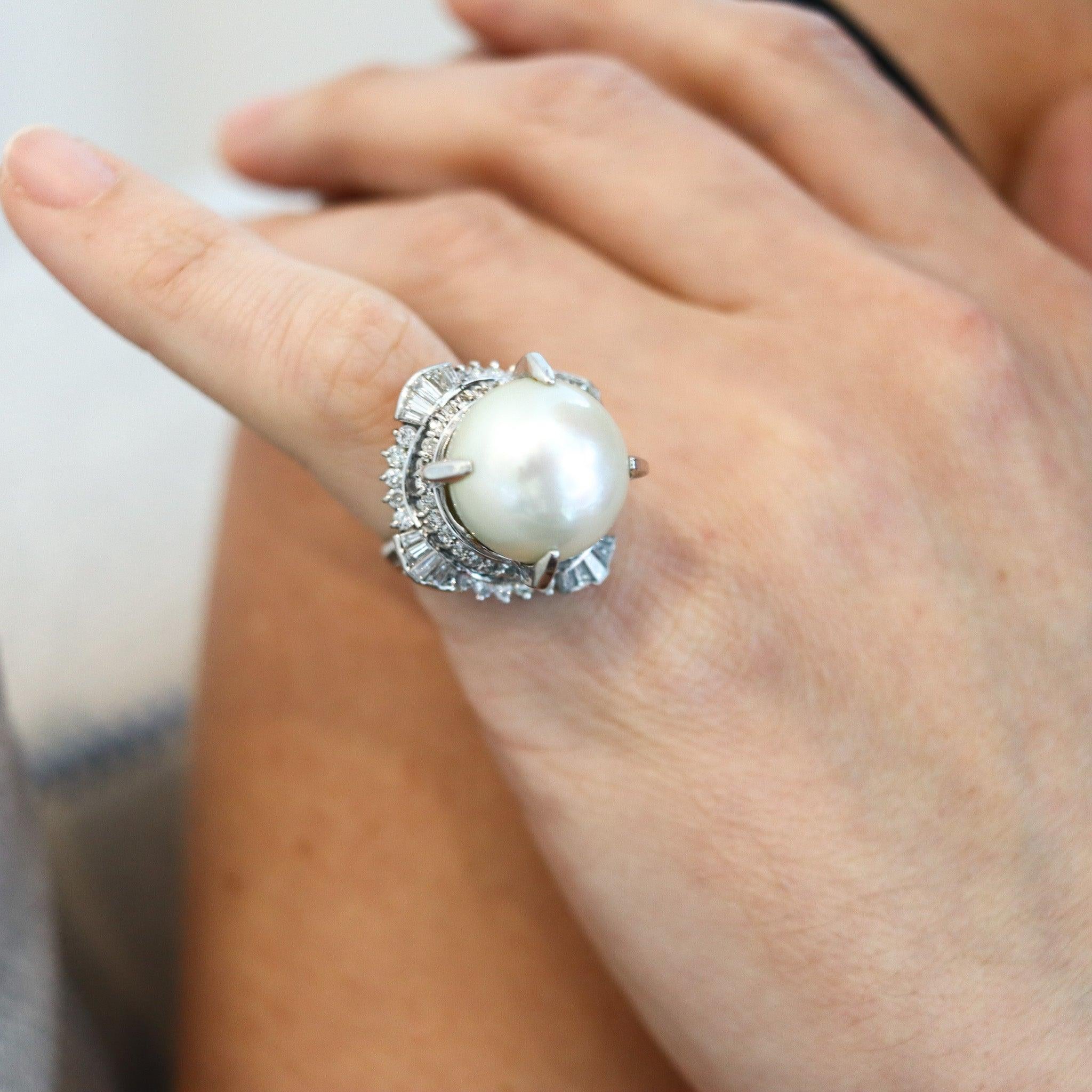 Modernist SOUTH SEAS Gia Certified Pearl Cocktail Ring In Platinum With 1.71 Ctw Diamonds For Sale