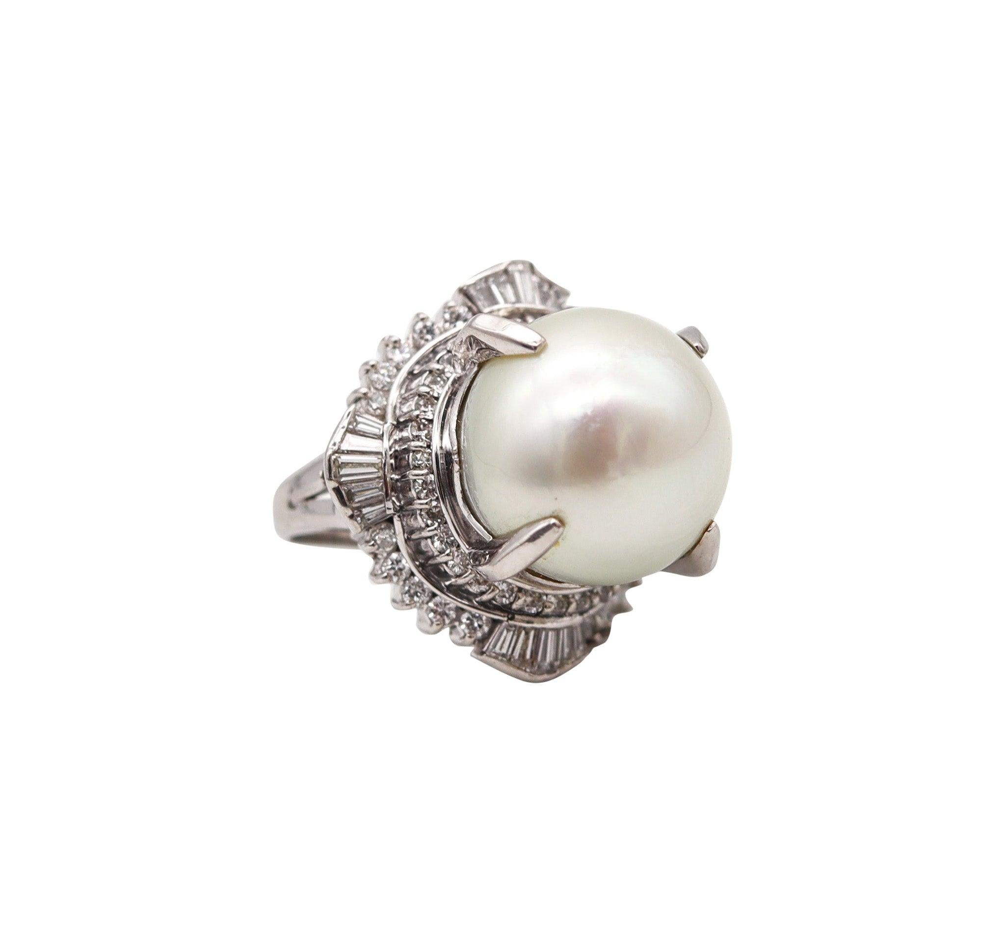 SOUTH SEAS Gia Certified Pearl Cocktail Ring In Platinum With 1.71 Ctw Diamonds For Sale 2