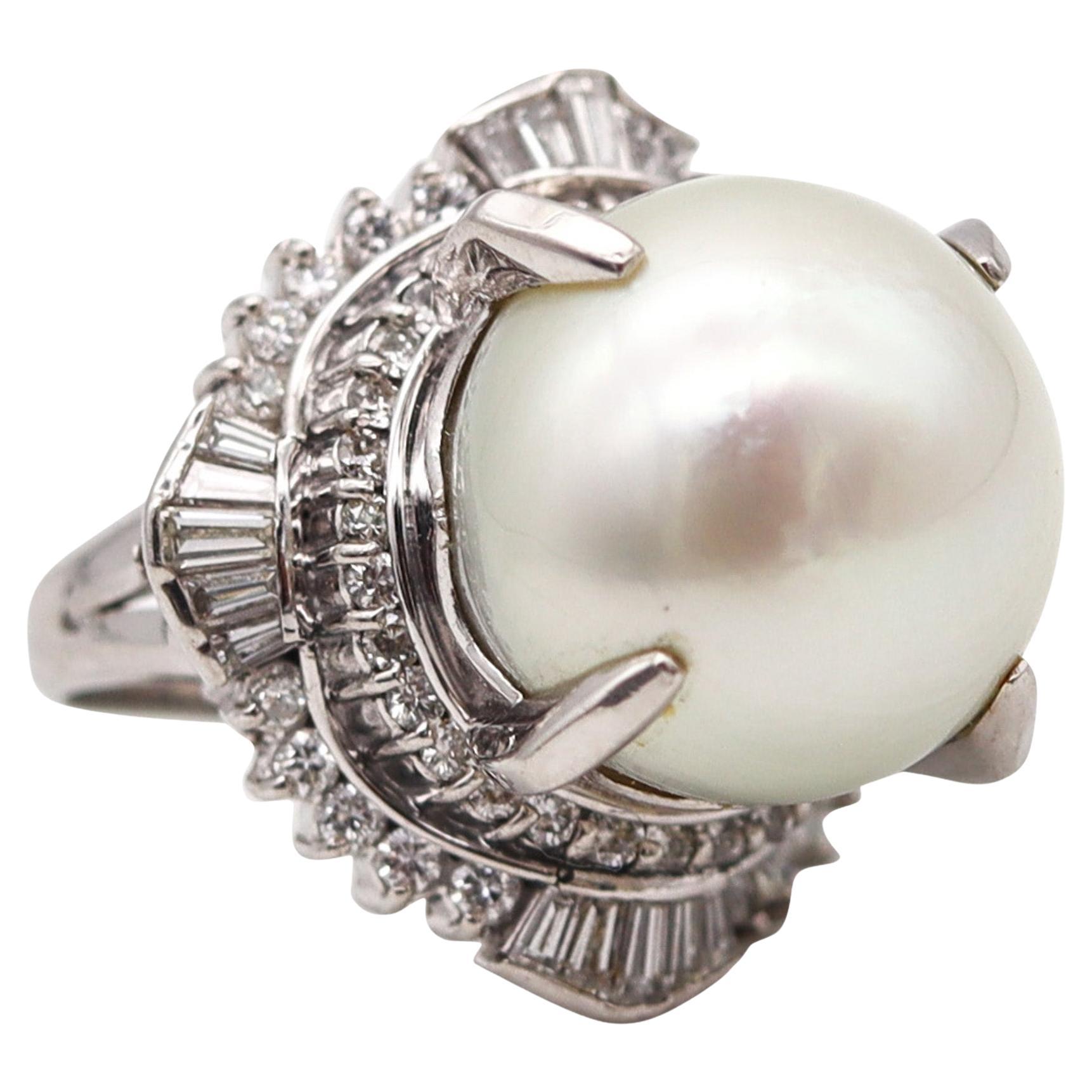SOUTH SEAS Gia Certified Pearl Cocktail Ring In Platinum With 1.71 Ctw Diamonds