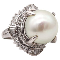 Anello cocktail di perle certificate GIA in platino con 1,71 carati di diamanti