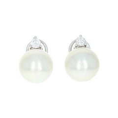 South Seas Pearl and Diamond Stud Earrings, 18k Gold Pierced Round Cut .26 Carat