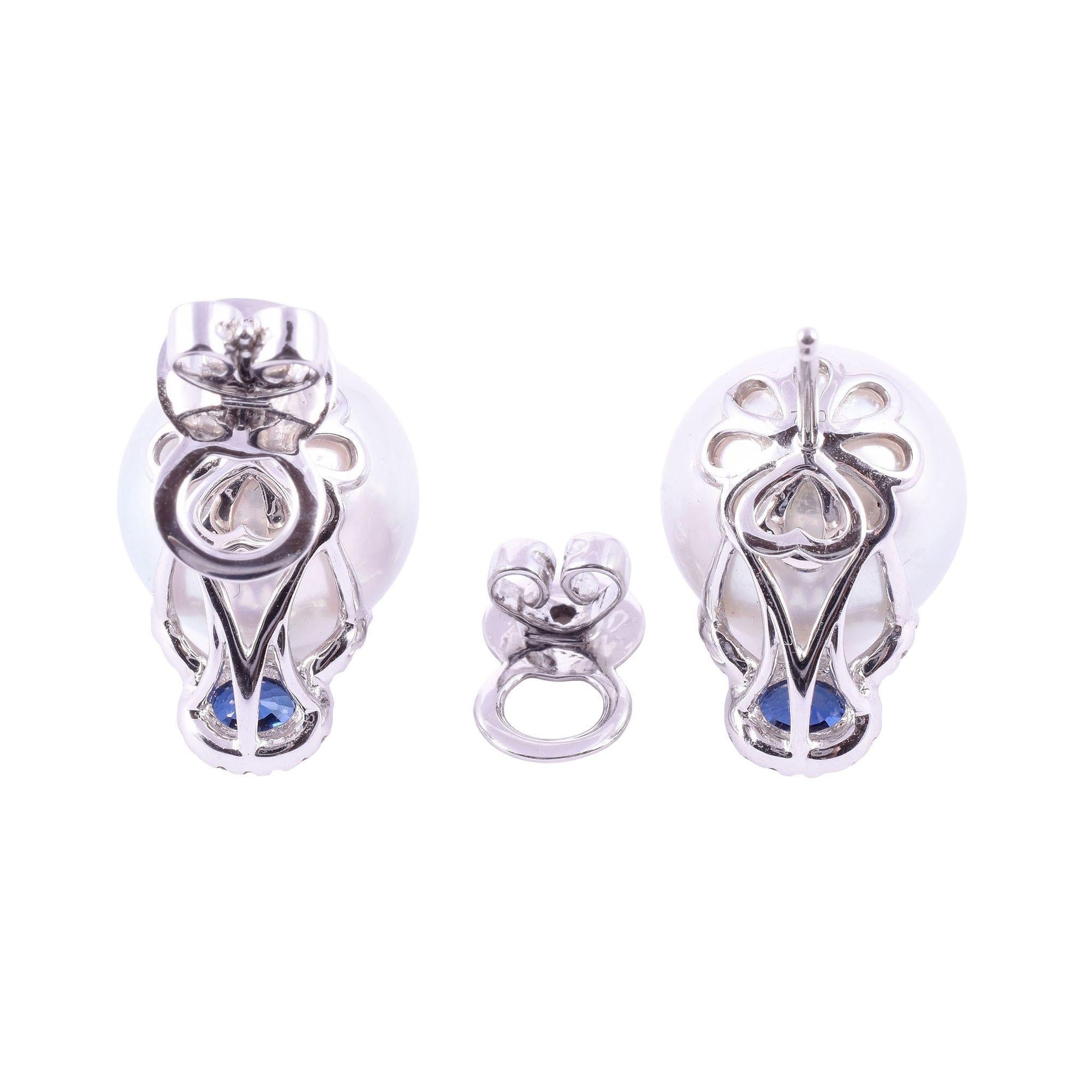 Round Cut South Seas Pearl & Sapphire 18KW Earrings For Sale
