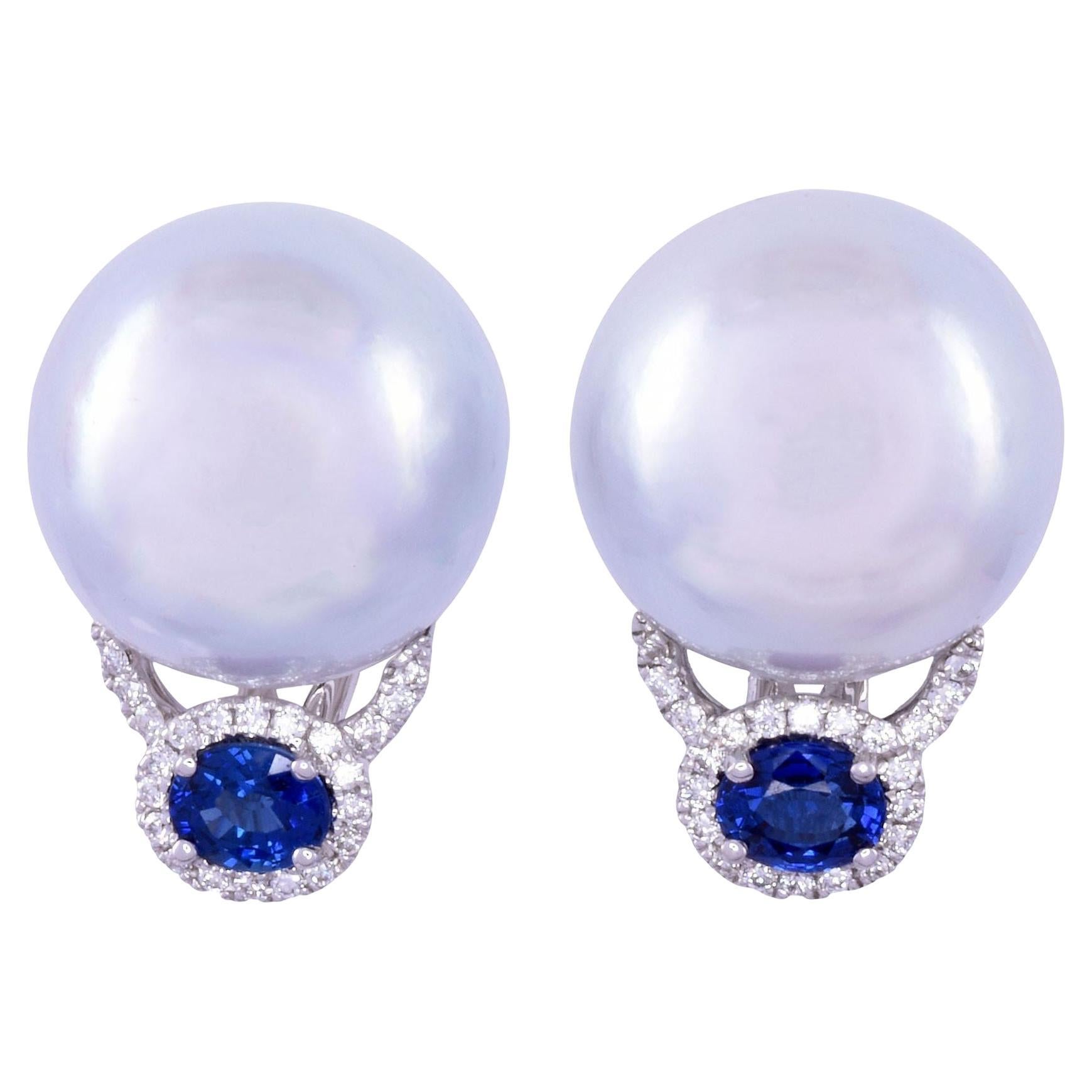 South Seas Pearl & Sapphire 18KW Earrings For Sale