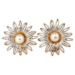 South Seas Pearls 1ct Diamonds Sunburst Earrings 14kt Gold*