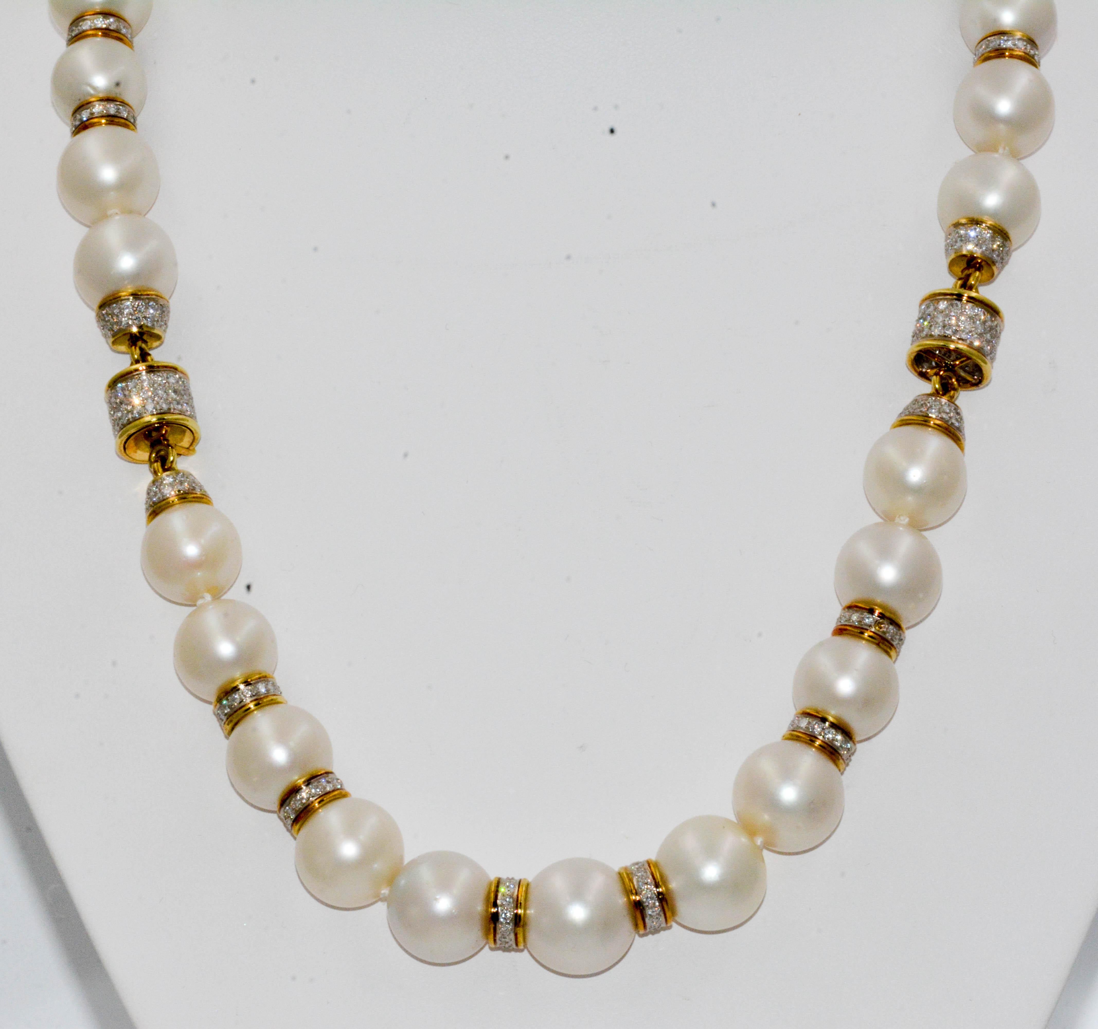 Astonishing 14 mm South Sea pearls are joined together by 6.00 carat total weight diamond rondelles. 400 round brilliant cut diamonds are expertly set in 18 karat yellow gold rondelles which complement these exquisite South Sea pearls. This elegant