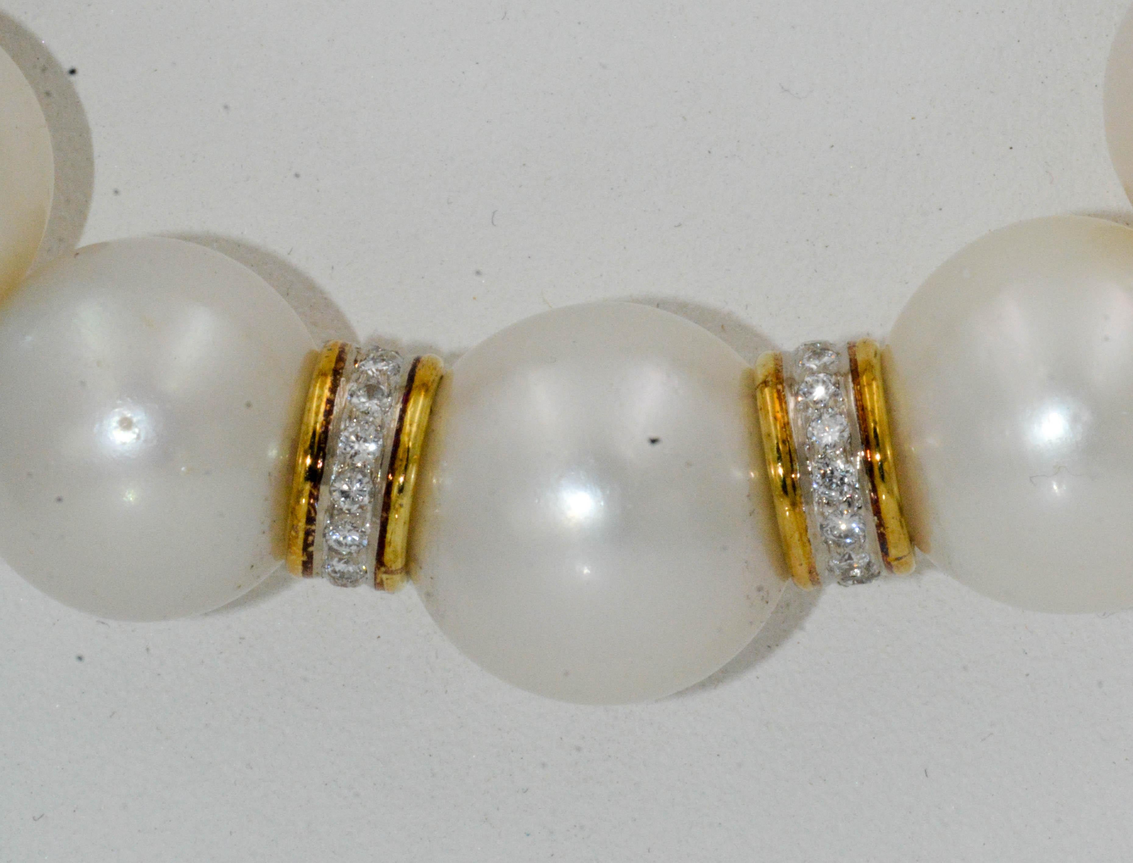Round Cut South Seas Pearls 6.00 Carat Diamond Rondelles Necklace