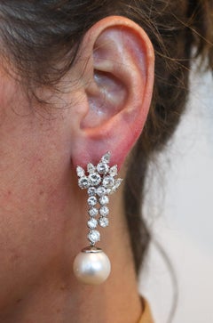 SOUTH-SEAS PEARLS Platinum Dangle Cluster Earrings With 13.60 Ctw VS Diamonds