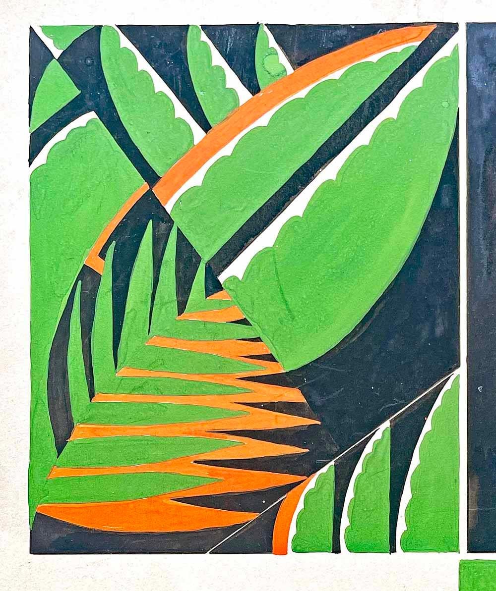 Diese kühn in einer Palette von Frühlingsgrün, Tiefschwarz und Mango gemalte, sehr starke Art-Déco-Maquette für einen Bucheinband wurde in den späten 1920er Jahren von einer vielversprechenden Künstlerin - Helene Haase - für einen Kurs in