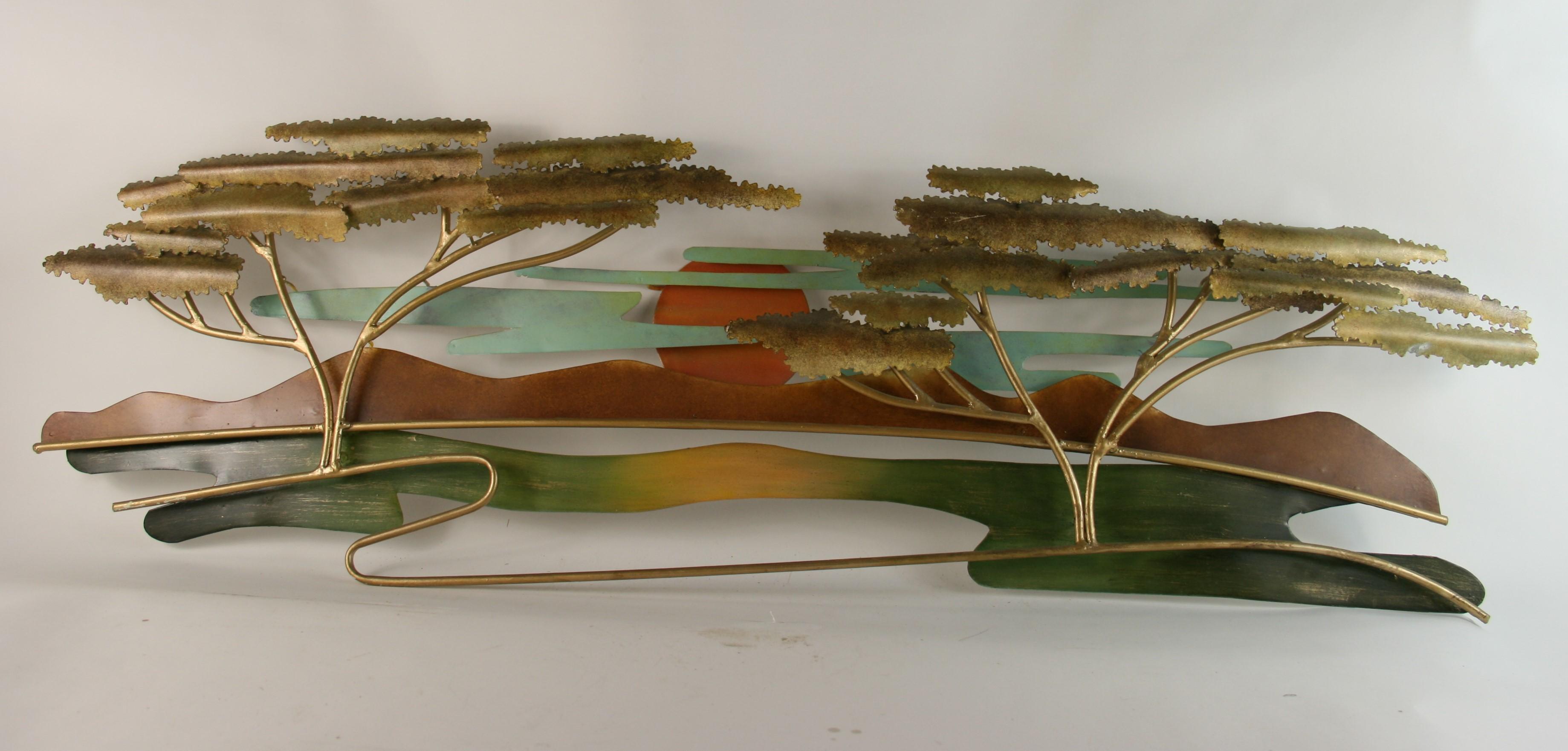 3-443 colorful metal wall sculpture with trees, clouds and sun
Signed J.Waner 2011.