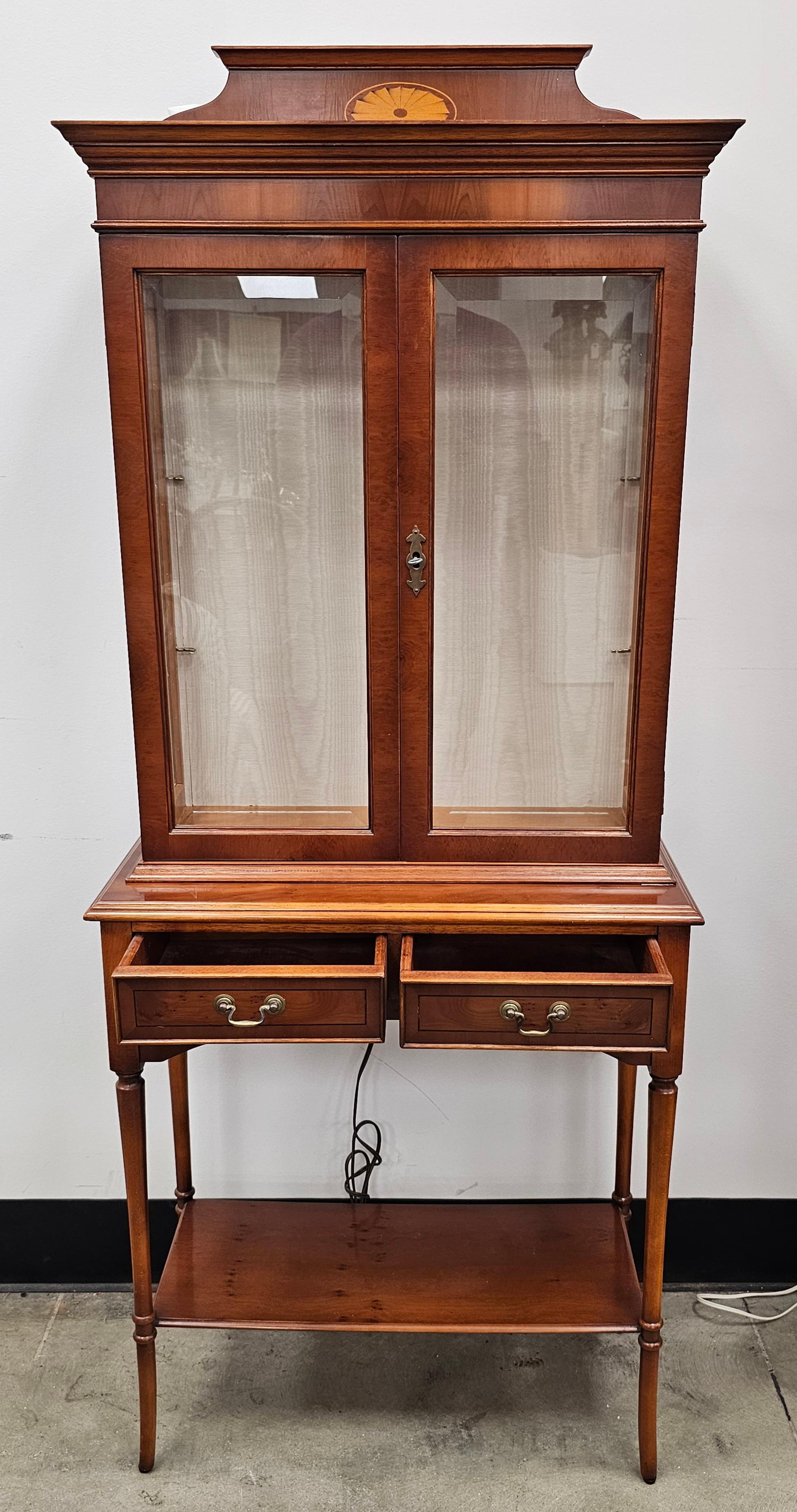 Edwardian Style Marquetry Inlaid Yew Wood  Two-Part Display Cabinet In Good Condition For Sale In Germantown, MD