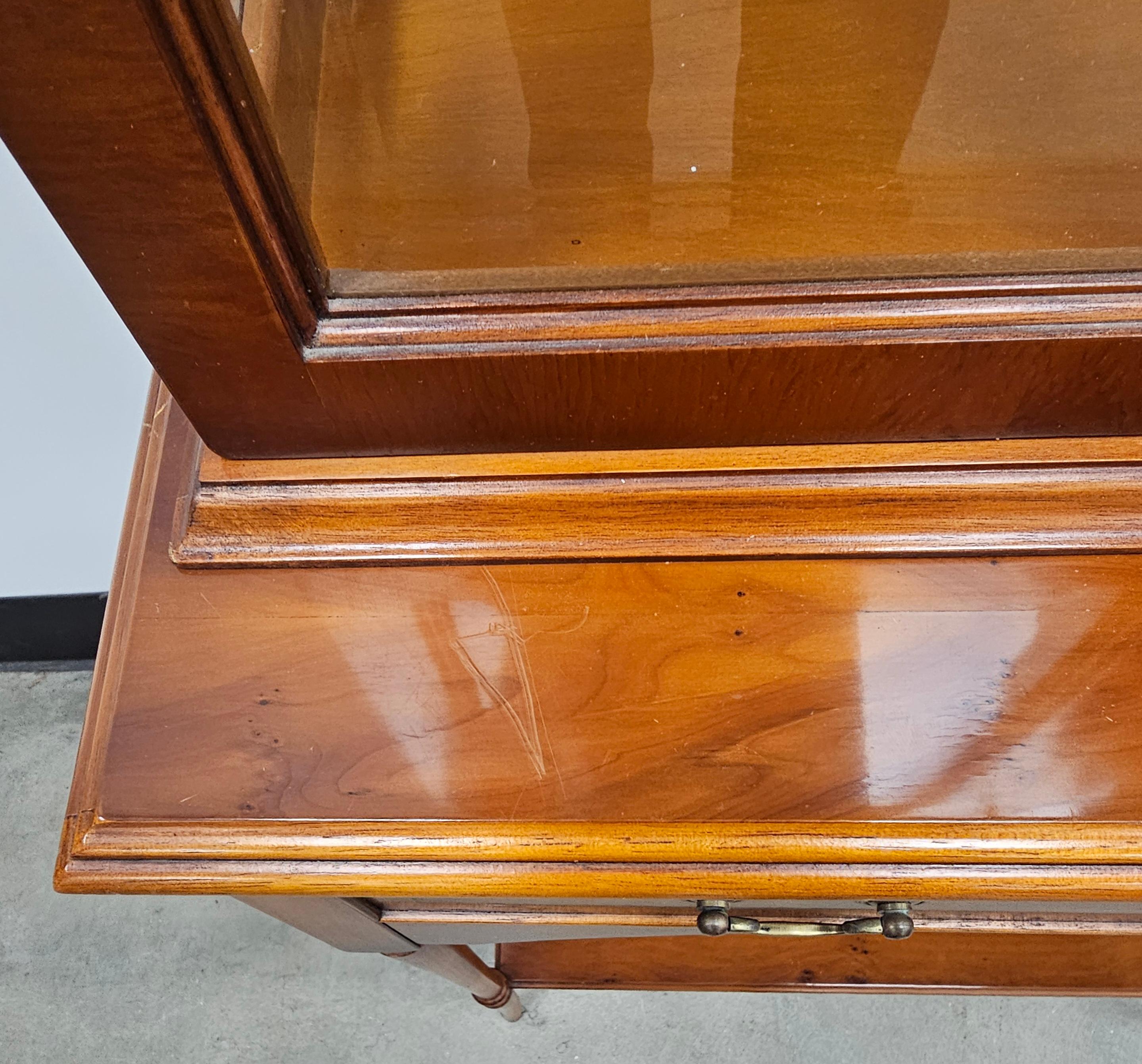 Fabric Edwardian Style Marquetry Inlaid Yew Wood  Two-Part Display Cabinet For Sale
