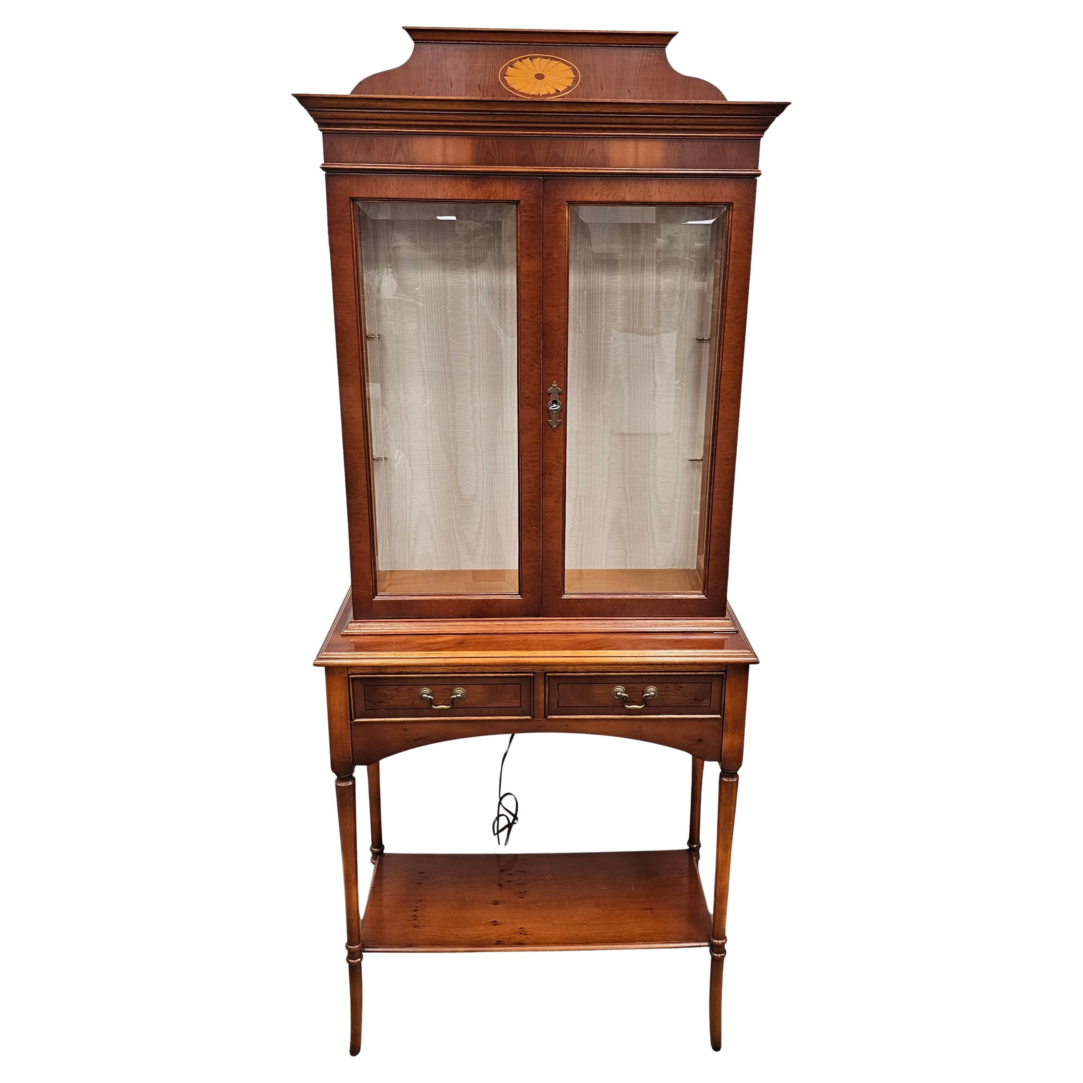 Edwardian Style Marquetry Inlaid Yew Wood  Two-Part Display Cabinet For Sale