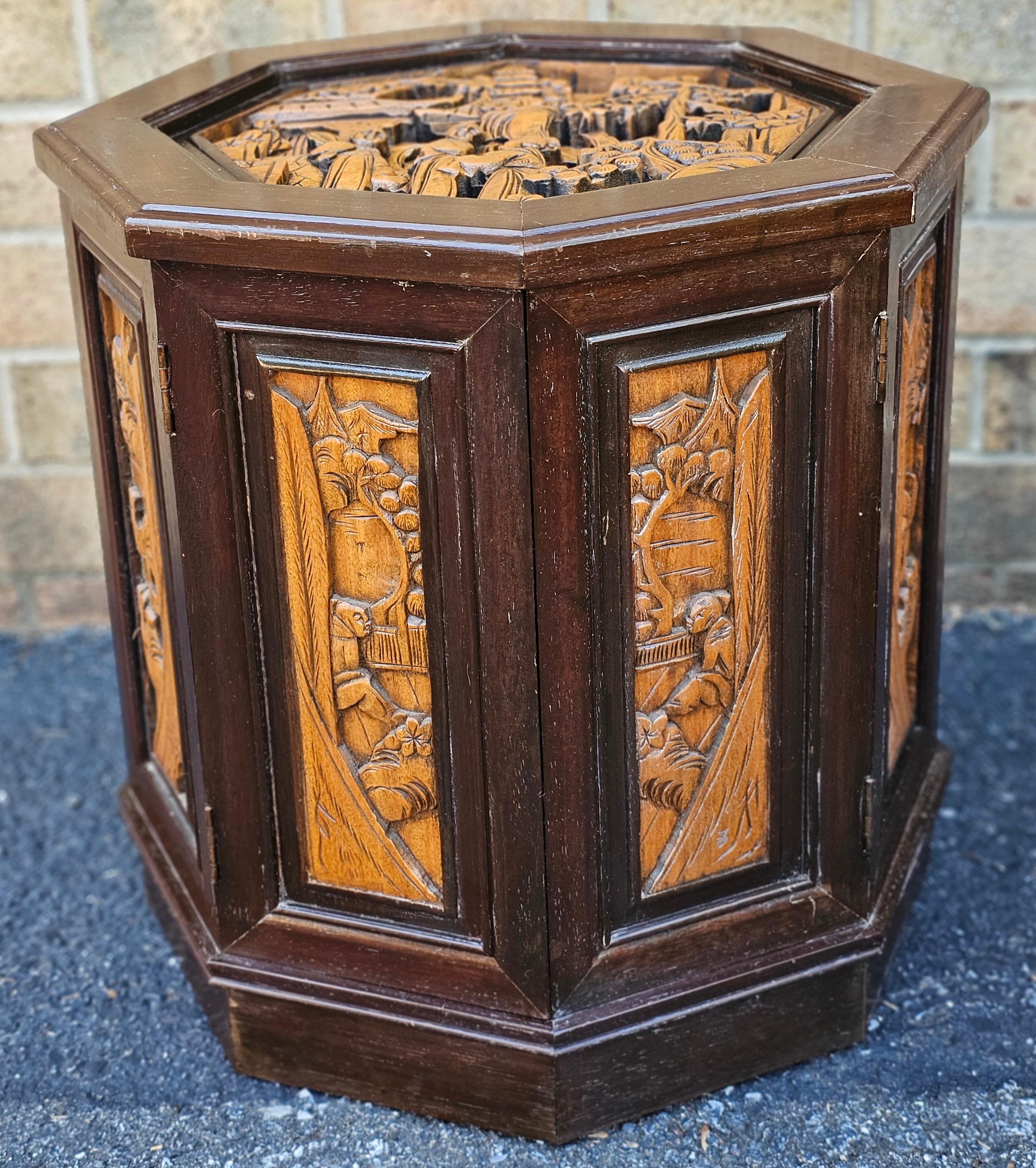 Ming Southeast Asian All-Sides Carved Fruitwood Octogonal Side Table Cabinet For Sale