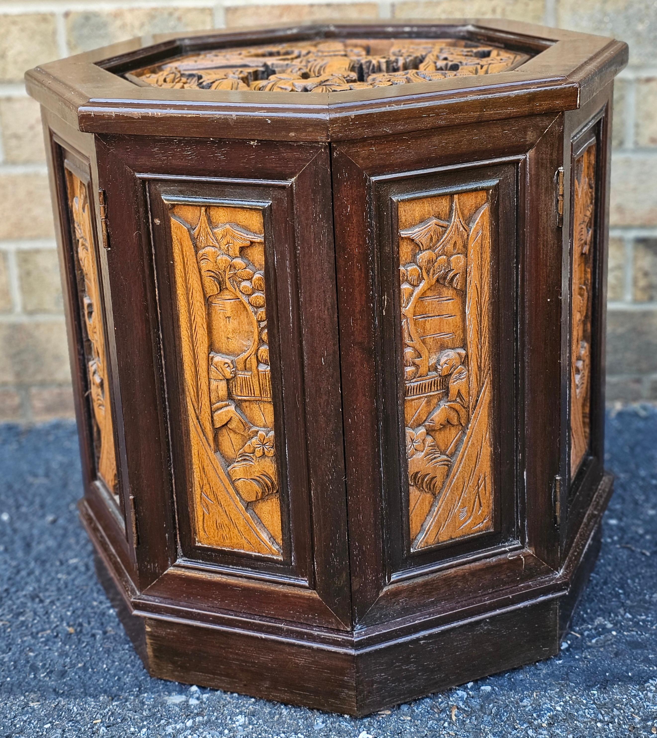 Hong Kong Southeast Asian All-Sides Carved Fruitwood Octogonal Side Table Cabinet For Sale